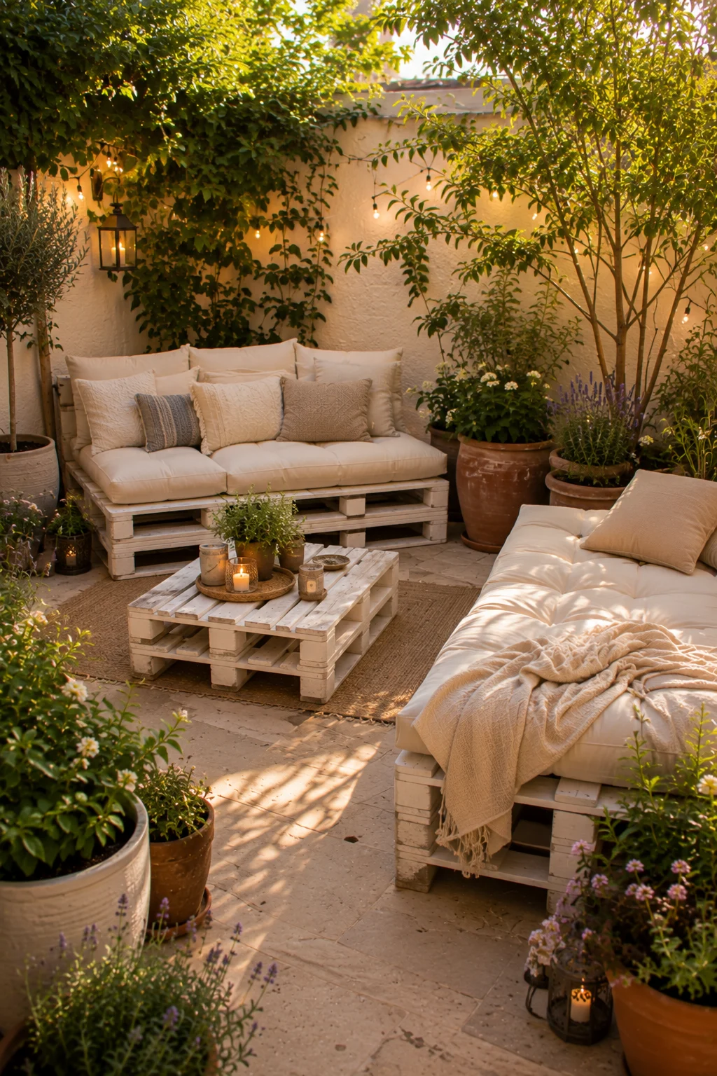pallet furniture small patio DIY sofa coffee table daybed cushions outdoor budget