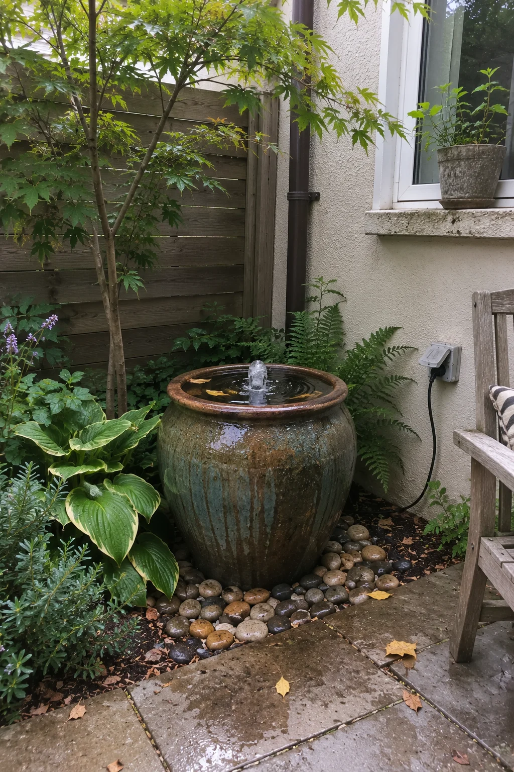 small courtyard bubbling water feature garden idea