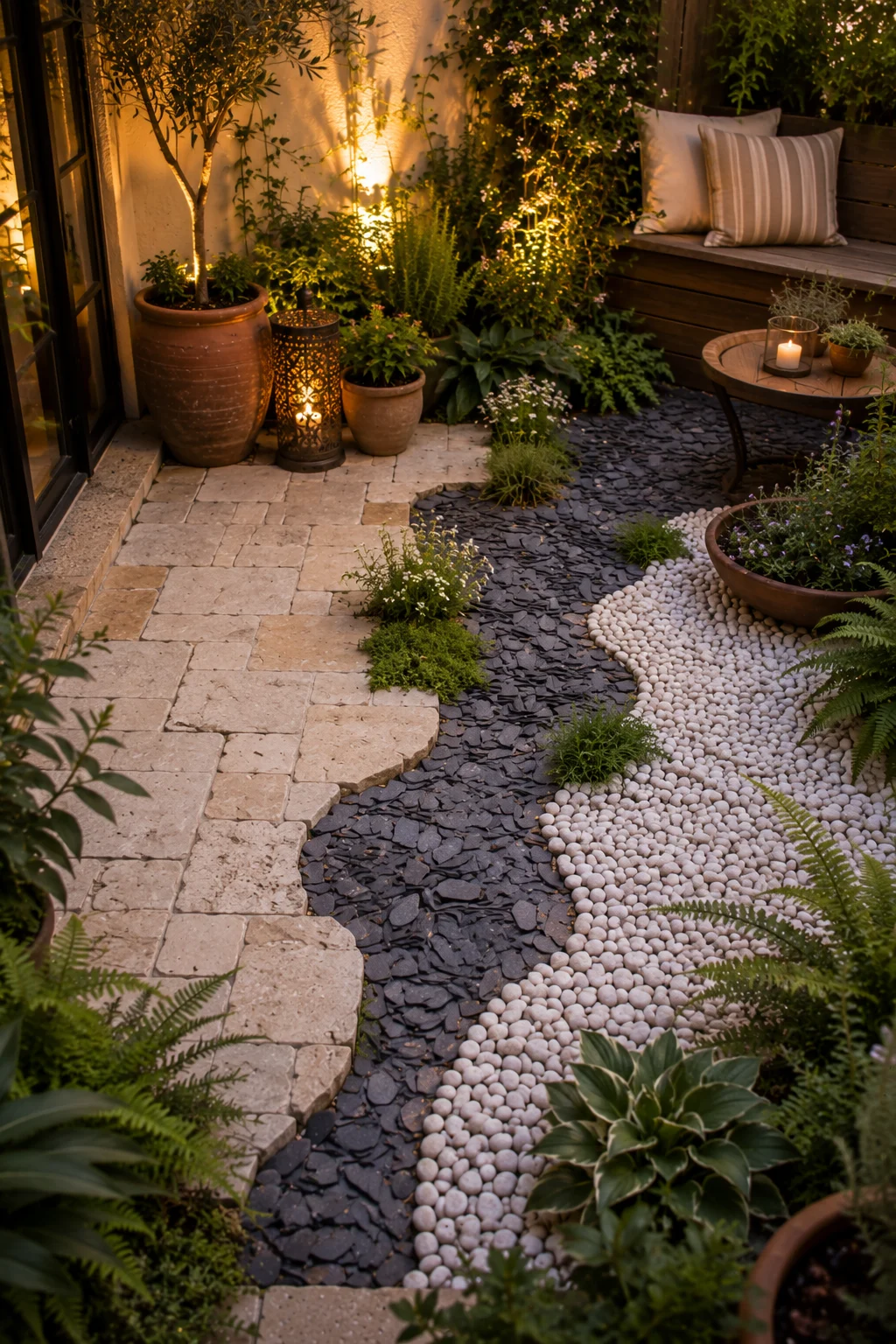 gravel stone tapestry patio floor different materials sections limestone slate quartz permeable low maintenance