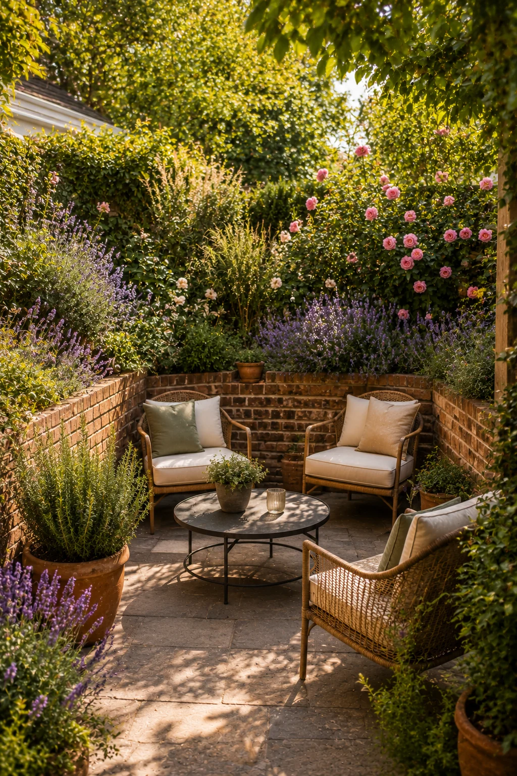 raised beds surround small patio living walls lavender roses rosemary enclosed garden room