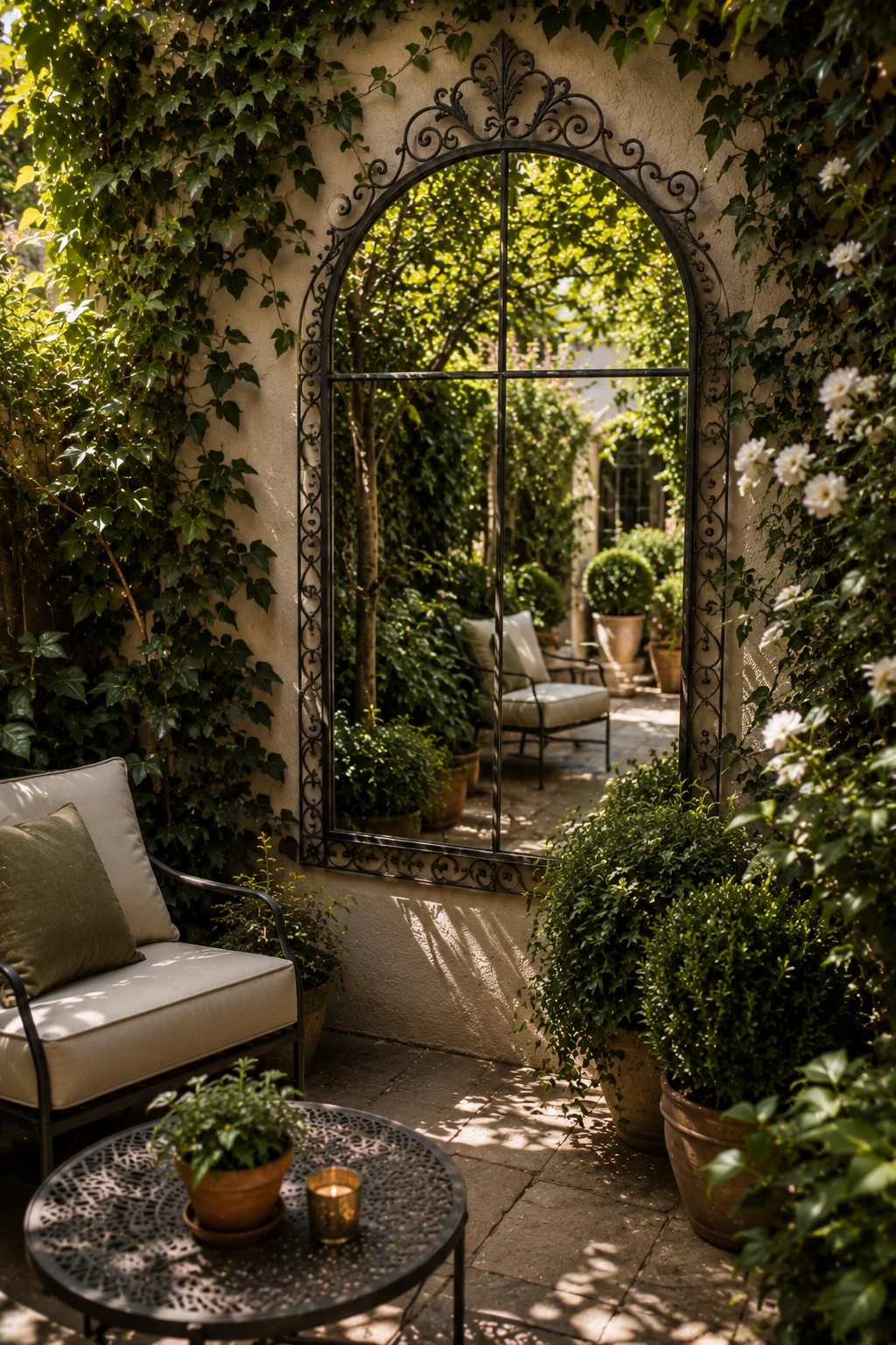 outdoor mirror small patio wall illusion space doubling iron frame garden reflection light