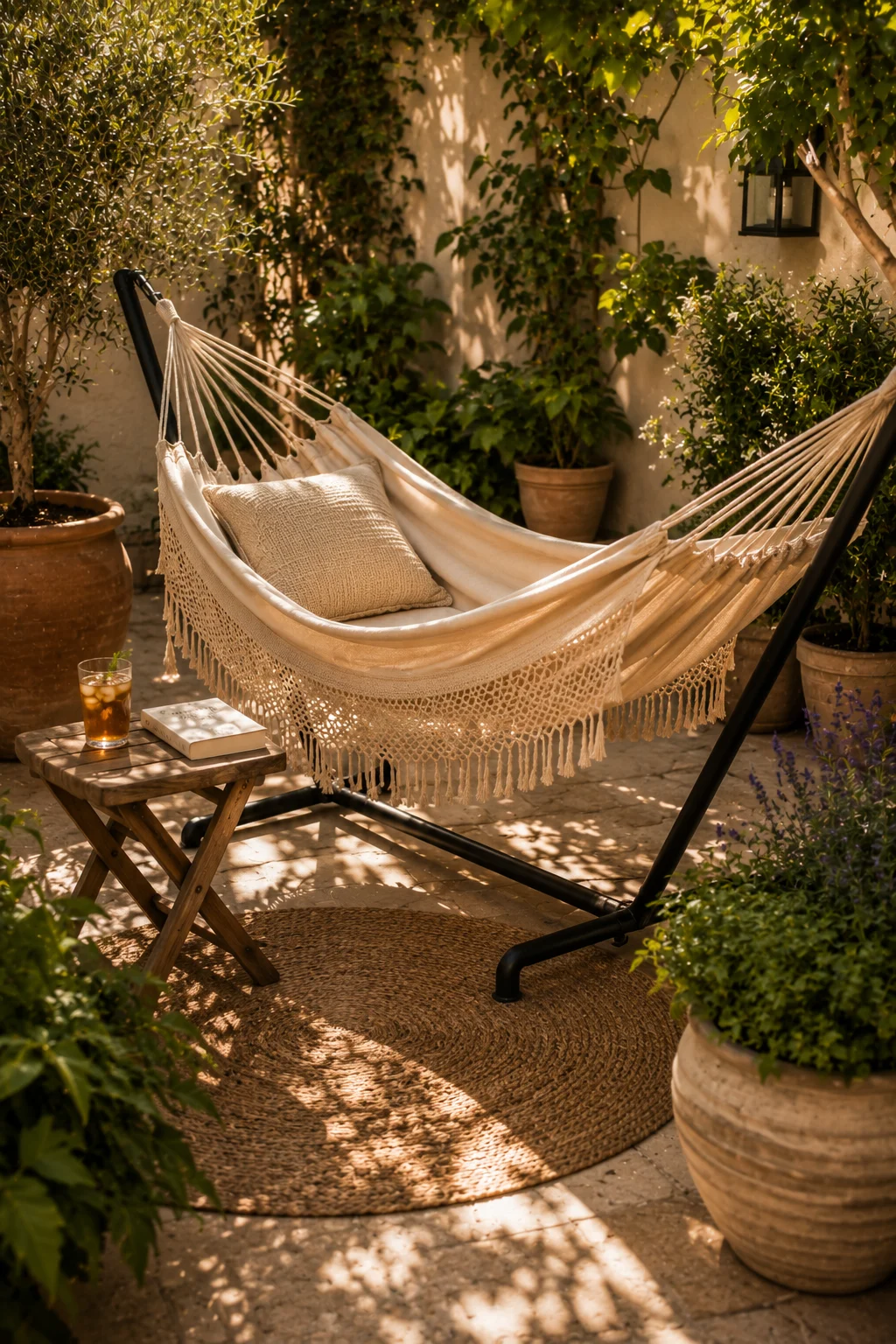 freestanding hammock small patio corner stand relaxation outdoor living afternoon light