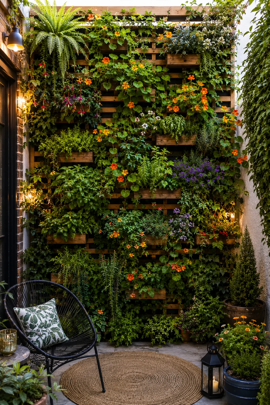 vertical garden wall small patio planter pockets trellis climbers lush green living wall