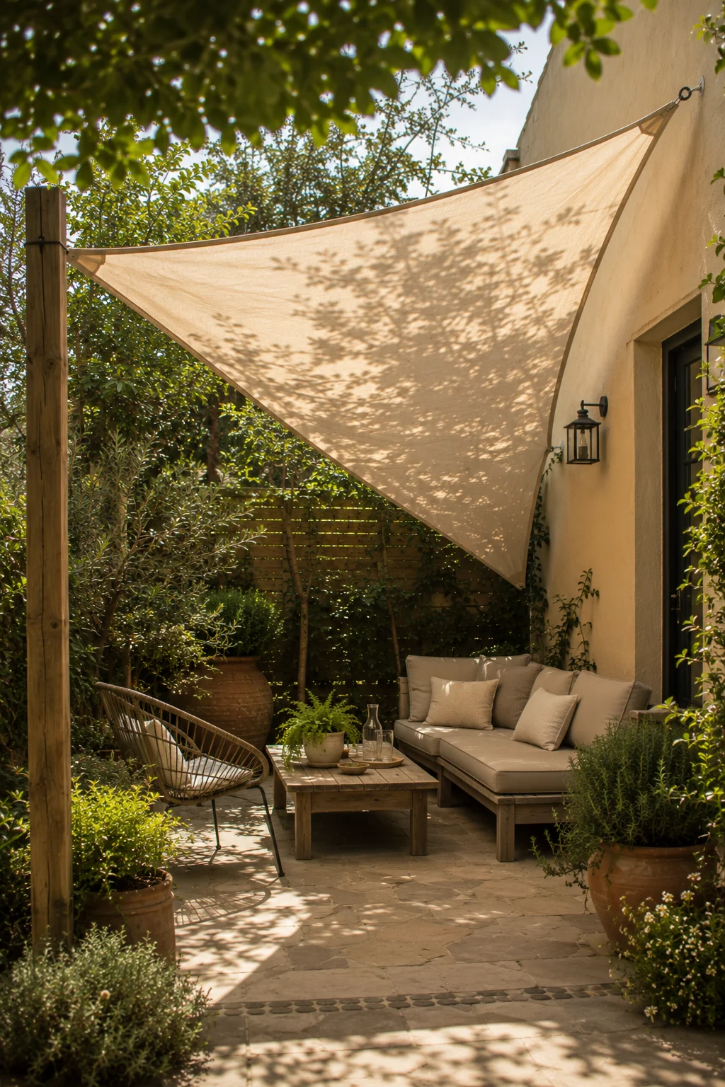 shade sail small patio triangular diagonal tension wall hooks post shade architecture outdoor