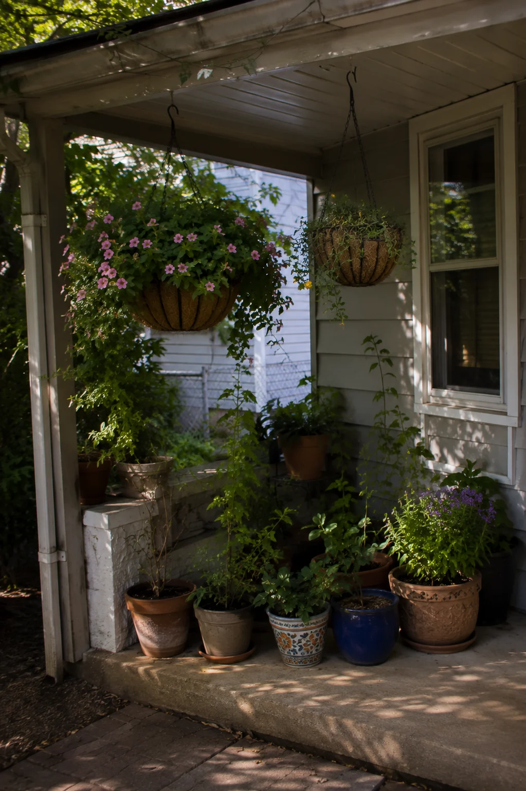 hanging baskets above container garden small space idea
