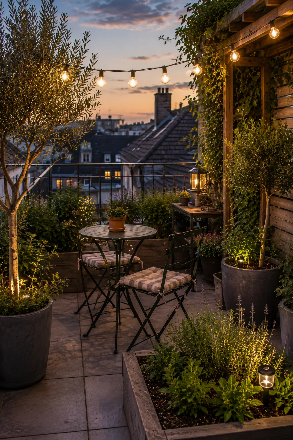 terrace garden ideas plants pots raised bed string lights outdoor room lush green