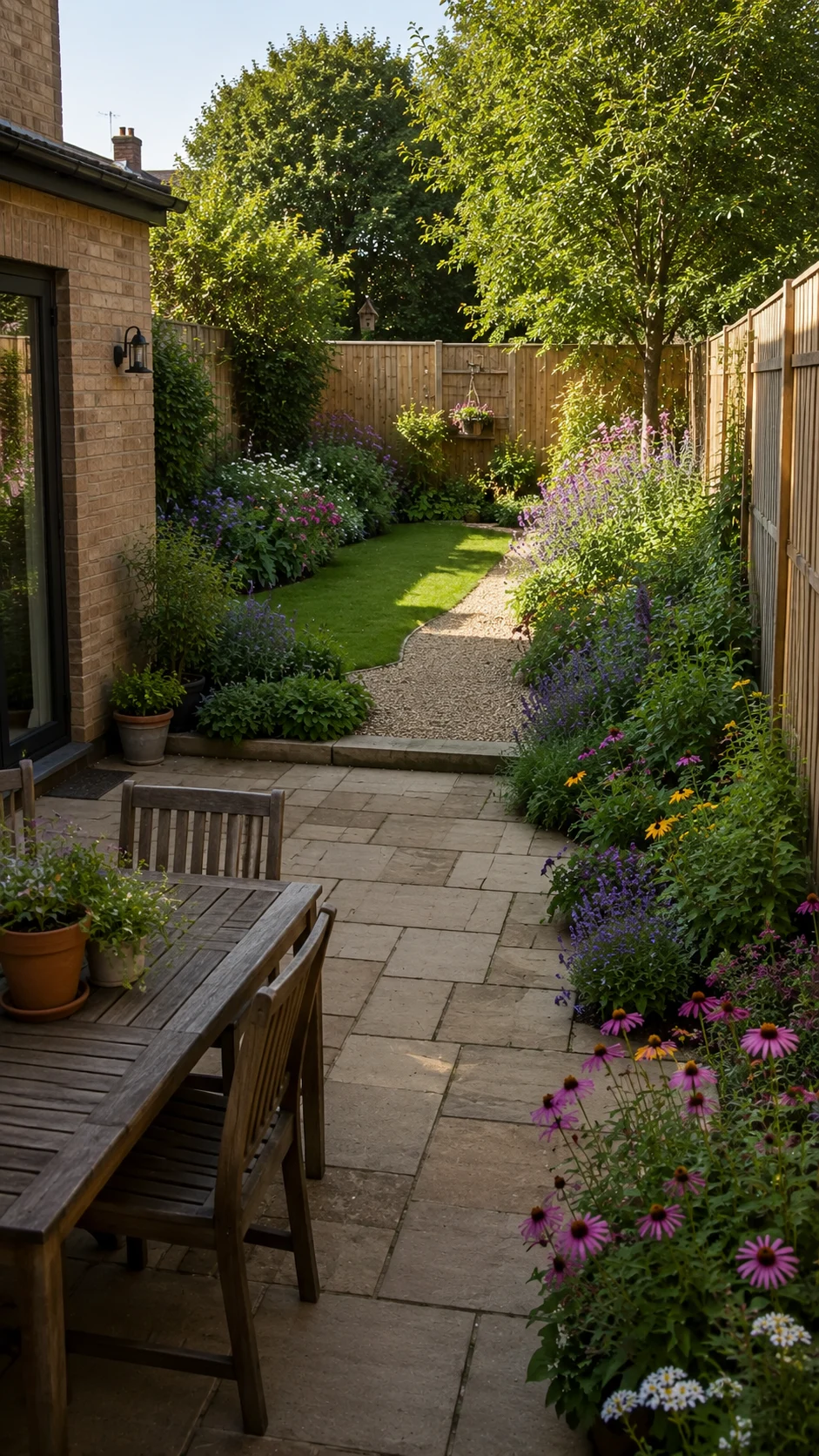 L-shaped small backyard layout dividing human space from bee space.
