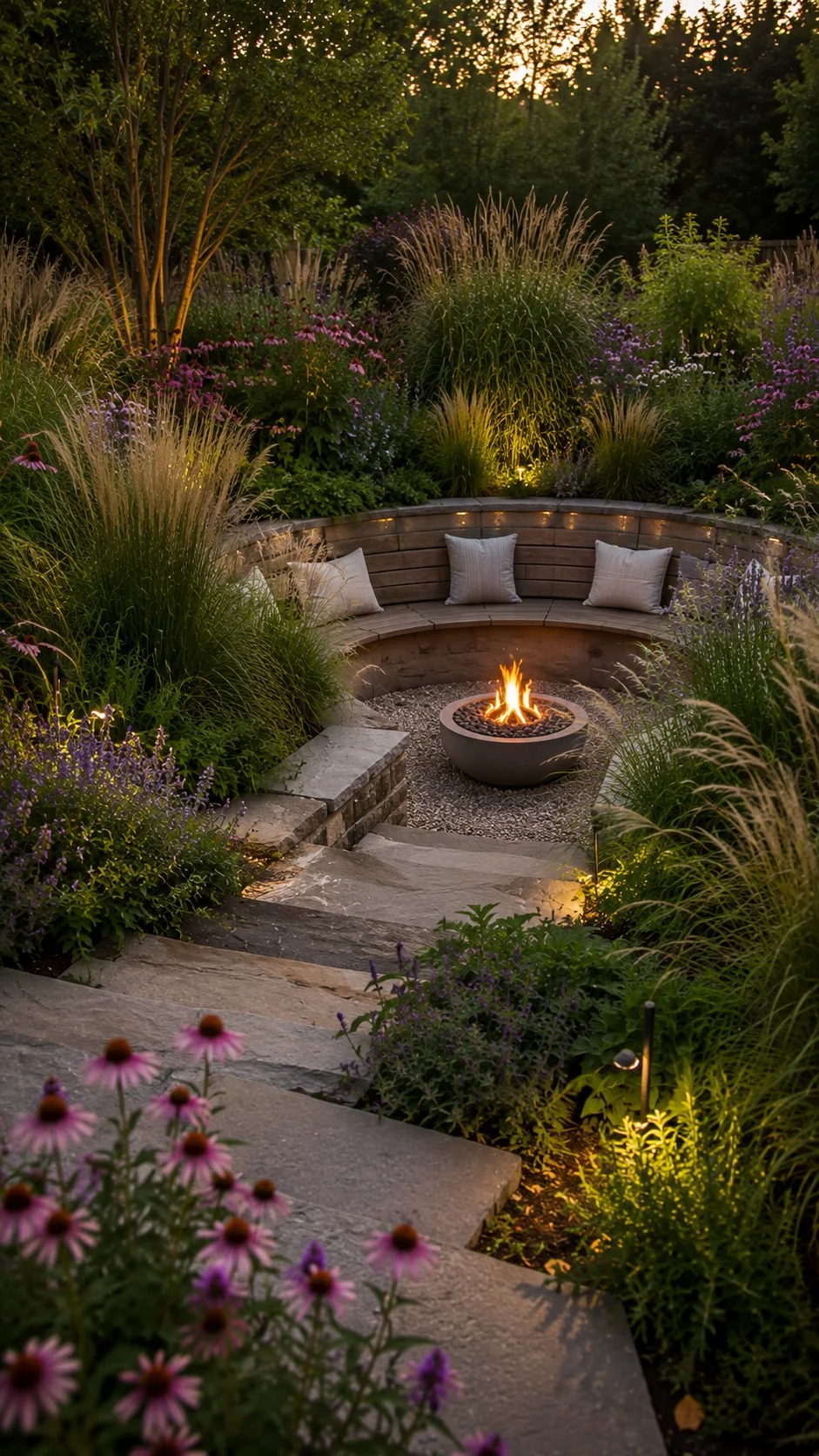 Sunken fire pit design in a small backyard surrounded by pollinator plants.