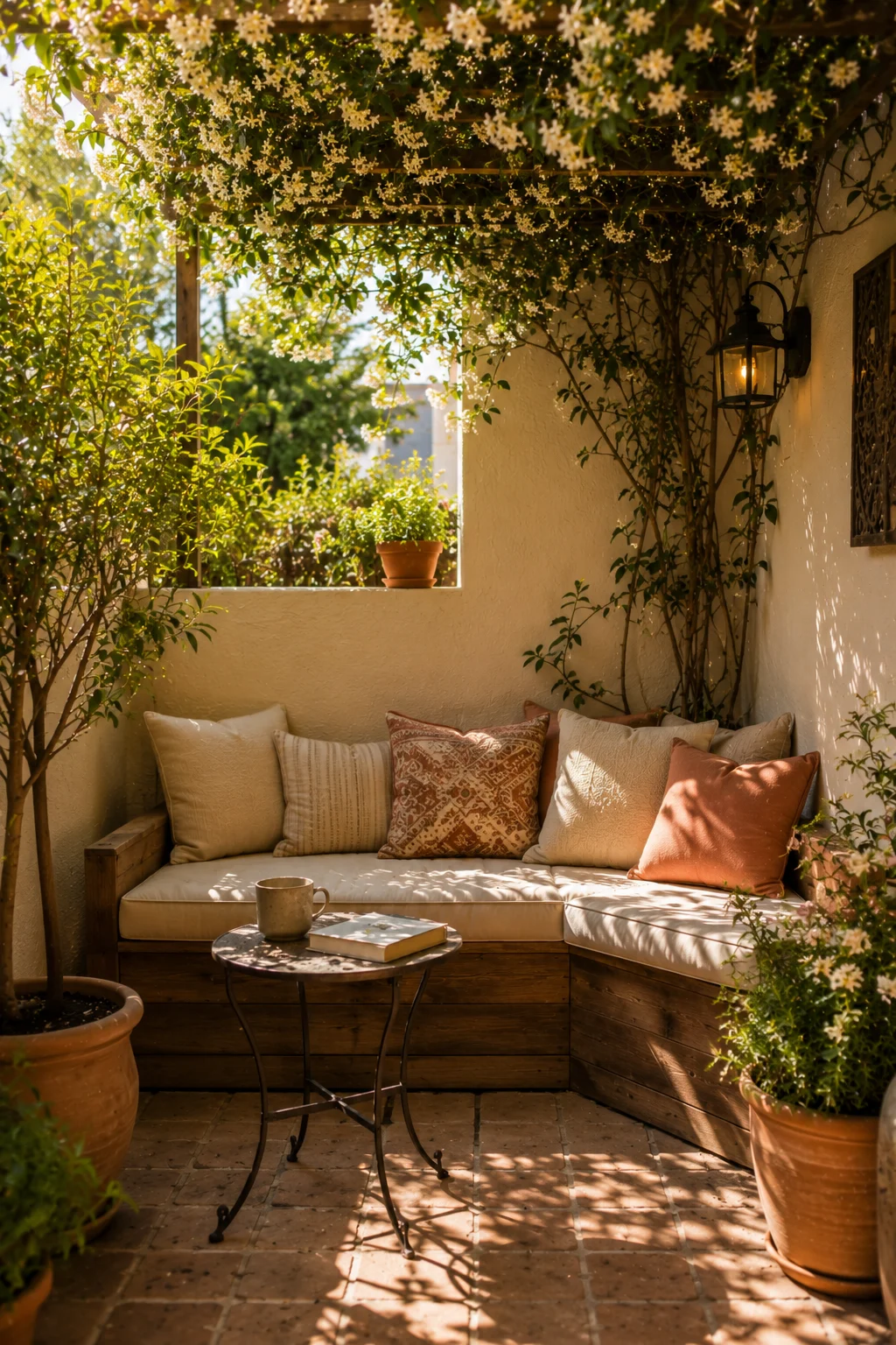outdoor reading nook small patio built in bench cushions climbing jasmine overhead intimate
