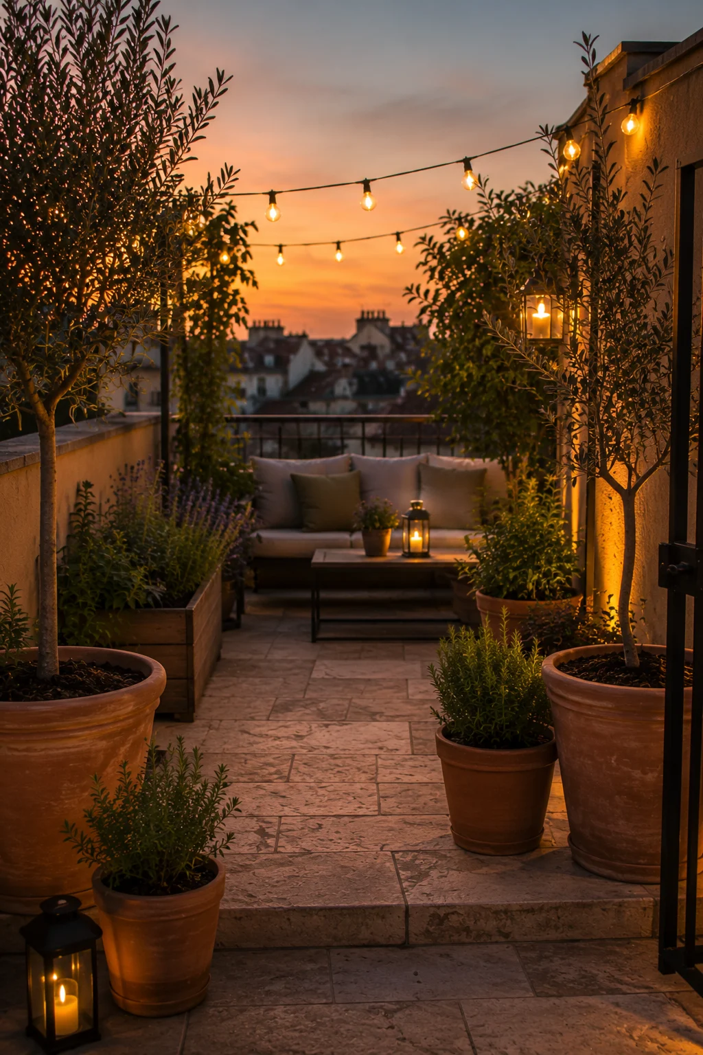 night garden terrace dusk white flowers solar lanterns string lights warm evening atmosphere