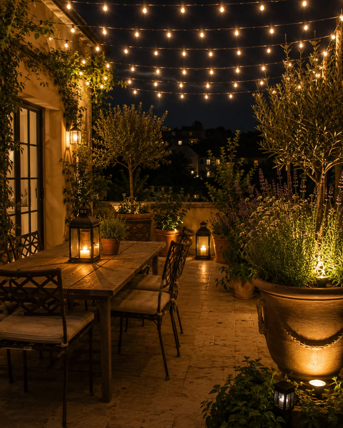 terrace garden night lighting string lights lantern uplighter warm intimate outdoor atmosphere