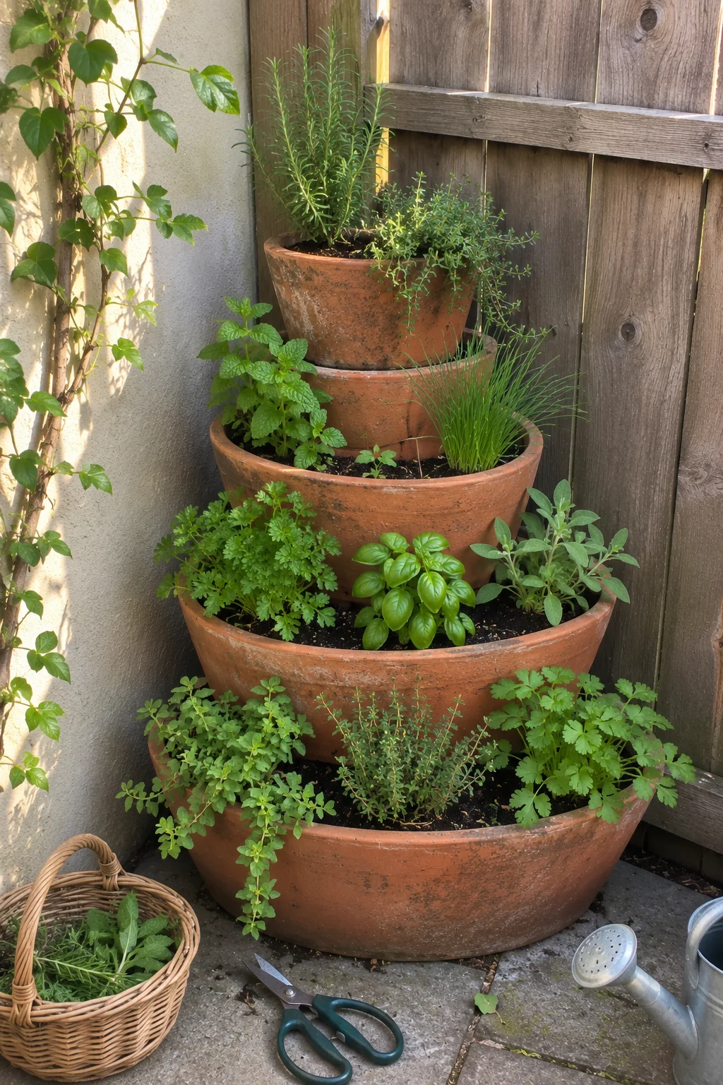 stacked corner herb tower small garden idea