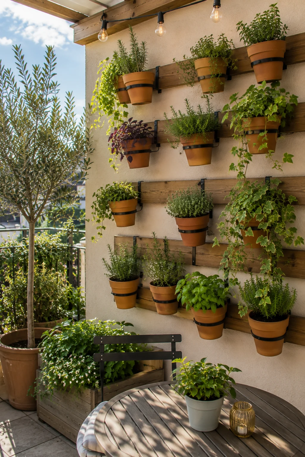 vertical wall planter system terrace wall terracotta pots herbs trailing plants modular garden
