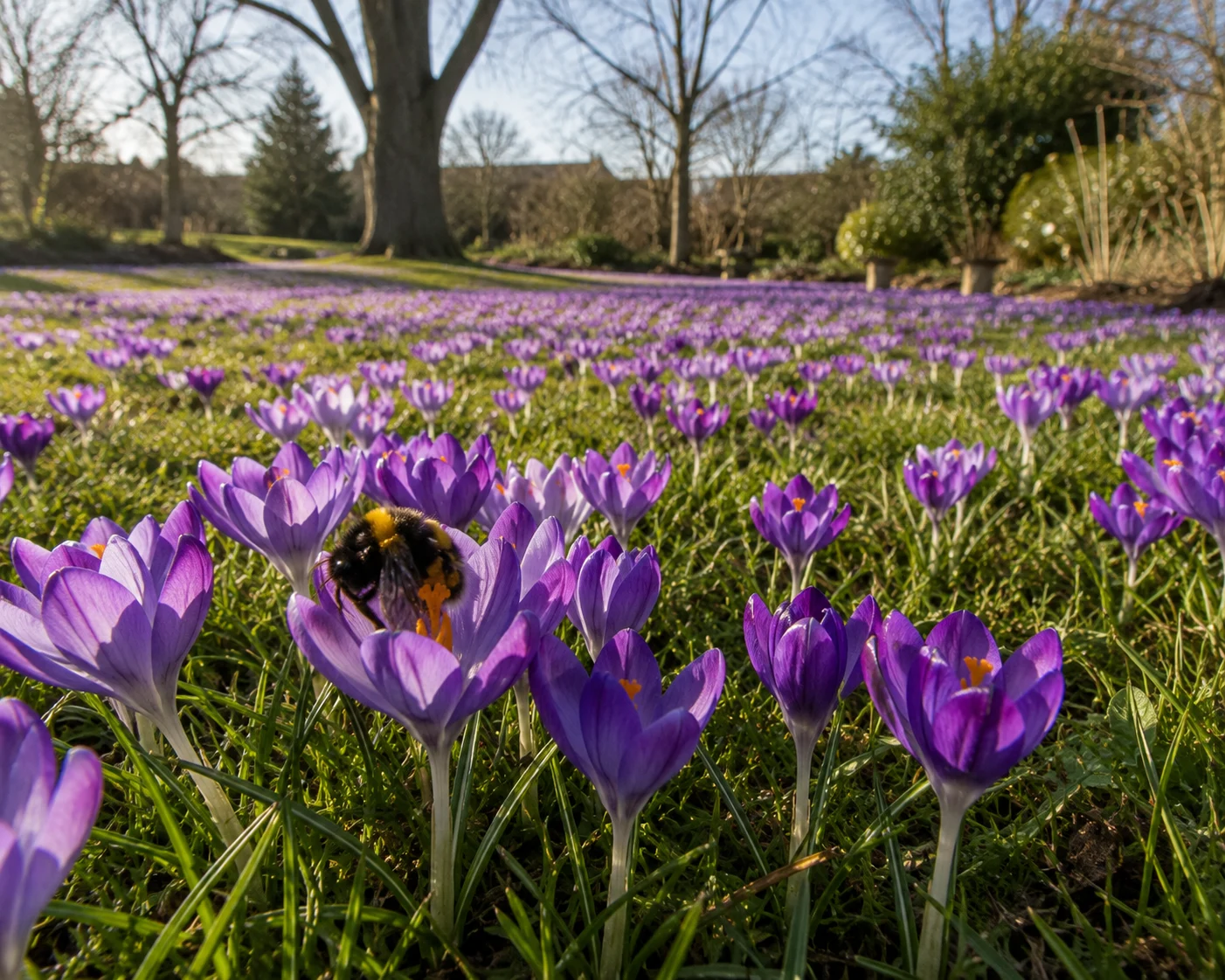 spring bulbs lawn bee garden design crocus naturalised February queen bumblebee early season habitat