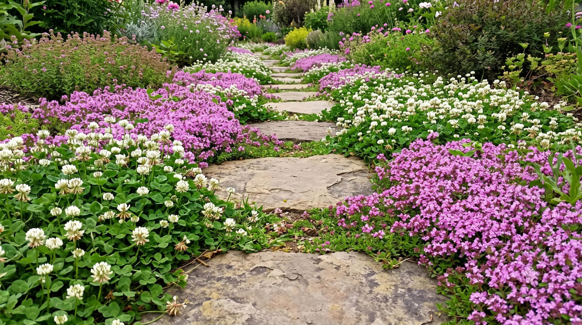 Eco-friendly garden path with stepping stones and creeping thyme in a pollinator garden