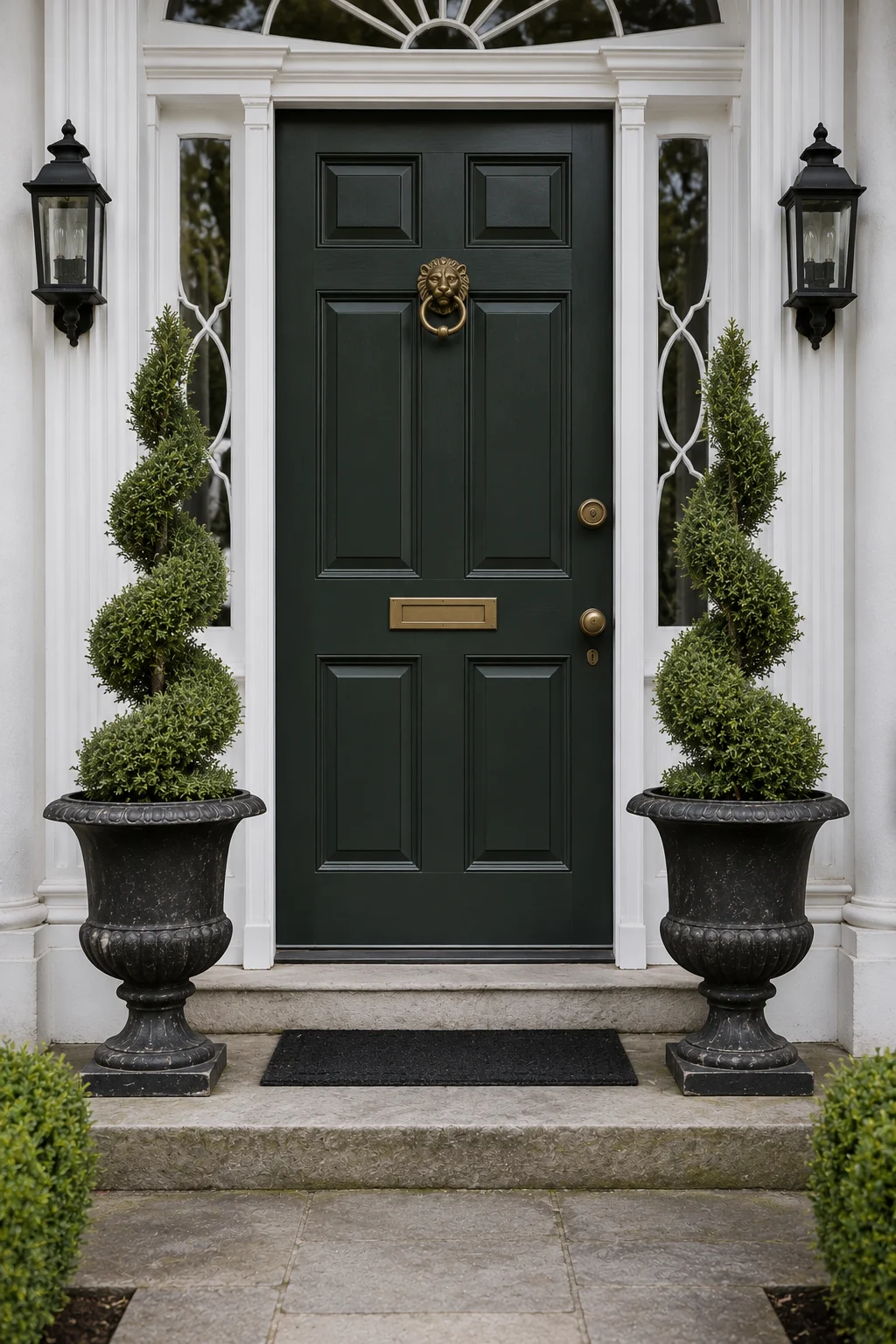 spiral juniper topiary black urn front door idea.
