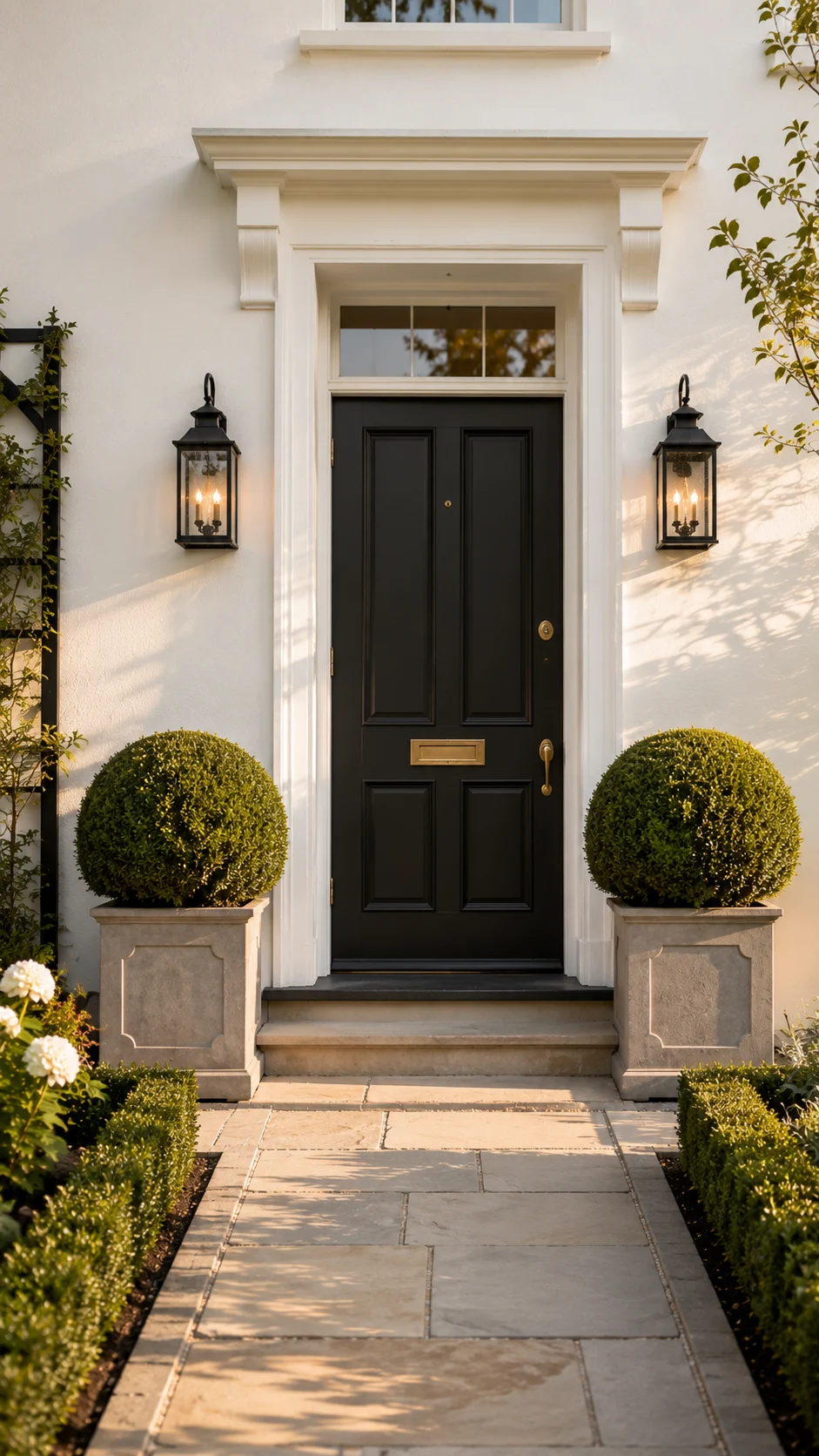 symmetrical box balls front door landscaping curb appeal formal garden entry small front yard