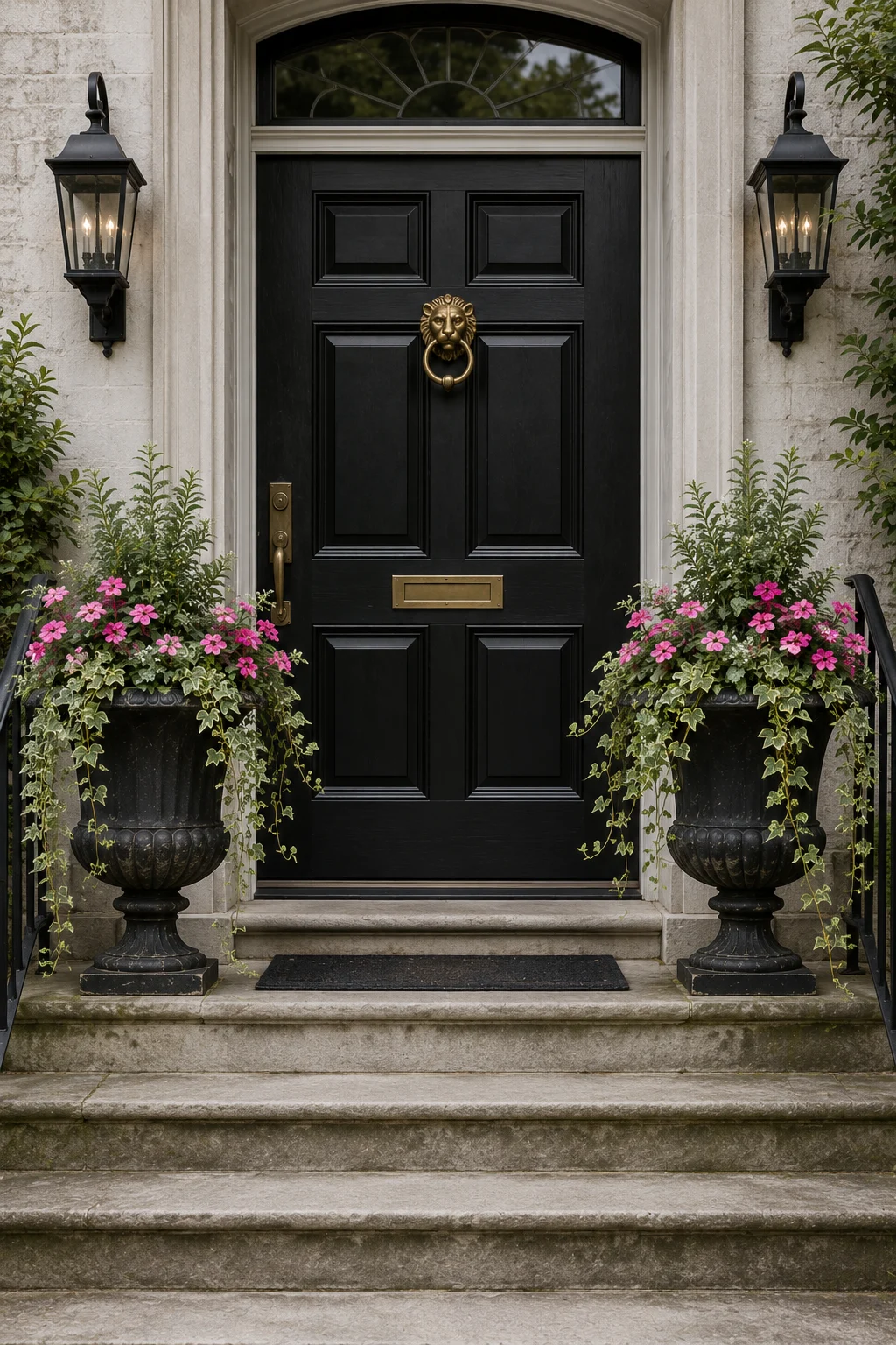 cast urn trailing flowers front door idea.