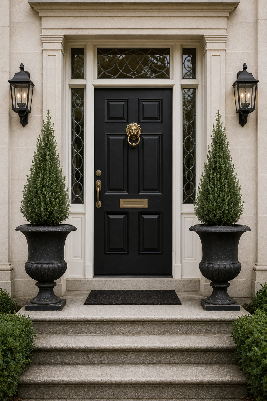 formal matching finial planter front door idea.