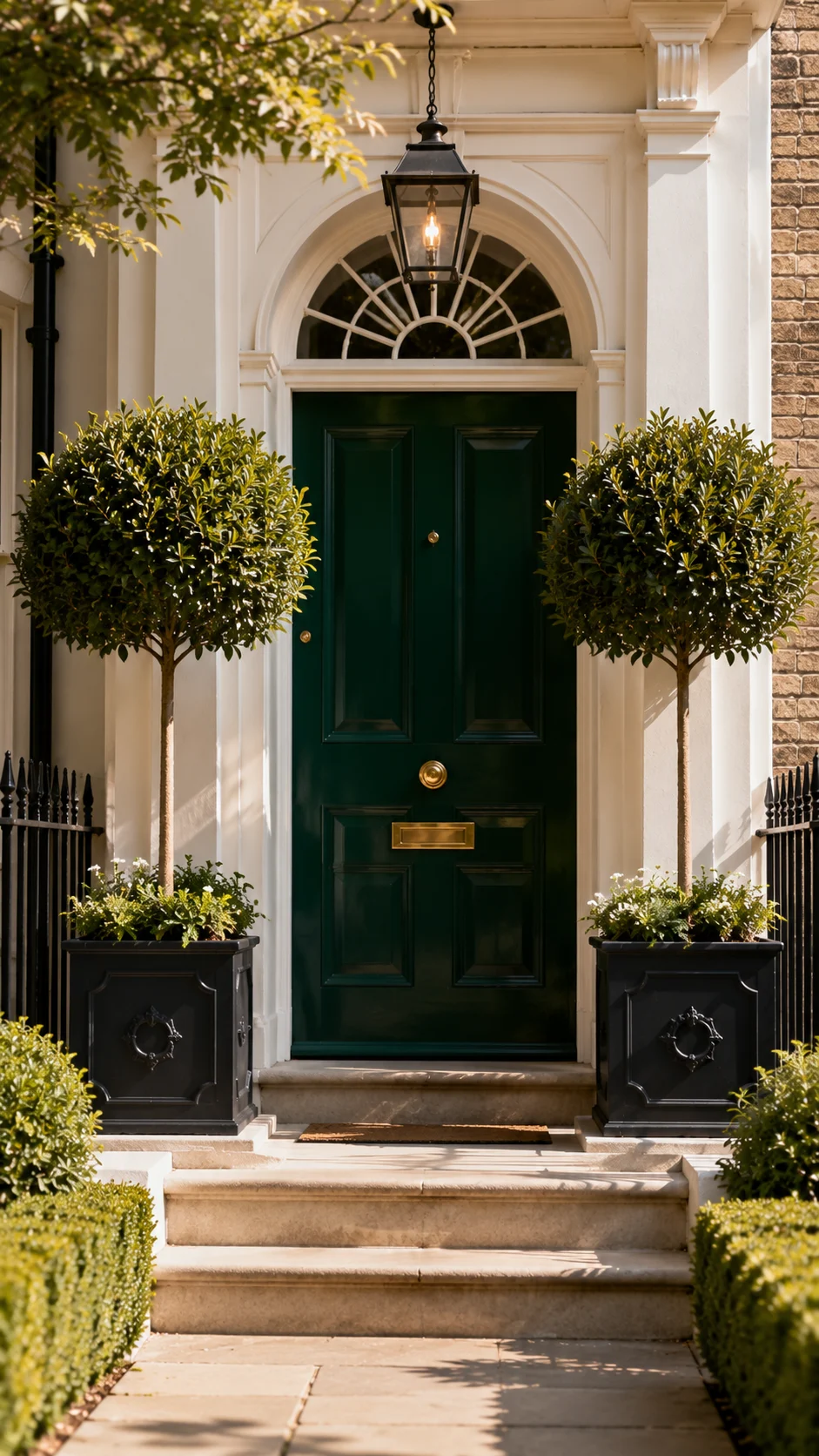 bay tree lollipop standard pair front door planters formal elegant landscaping curb appeal classic