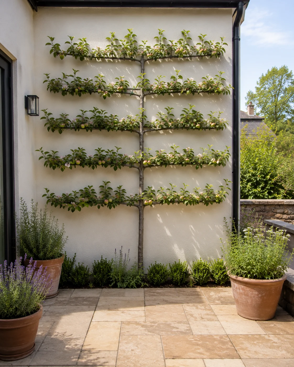 espalier apple tree house wall terrace horizontal tiers fruit developing paved surface below