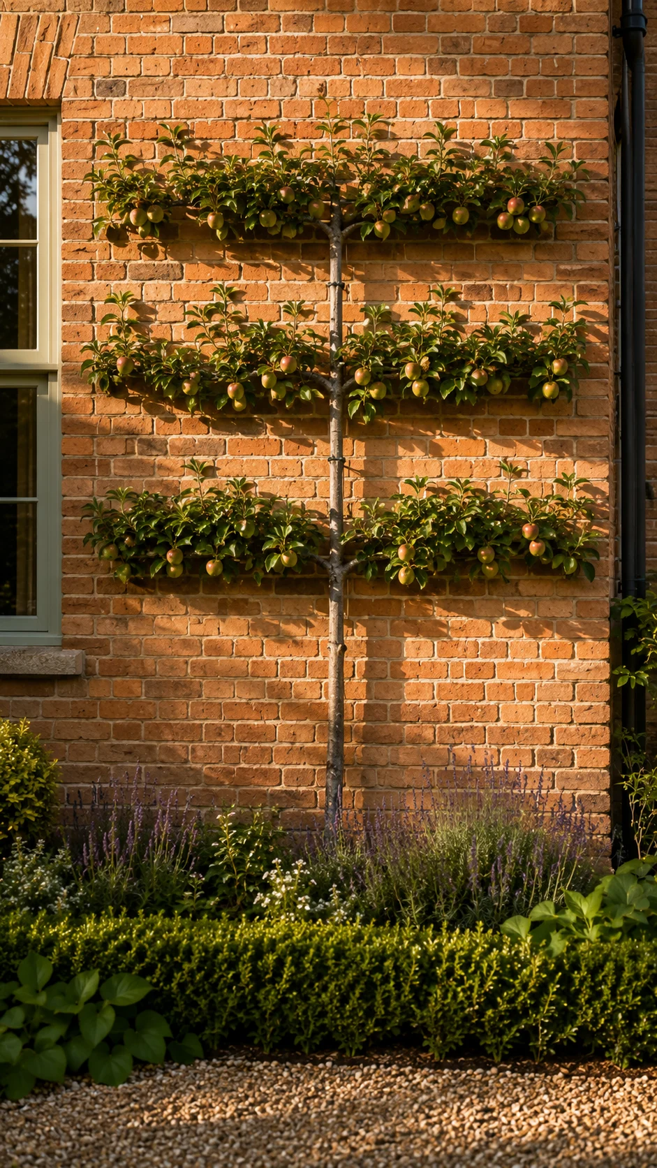 espalier apple tree front house wall training fruit landscaping geometric garden design curb appeal