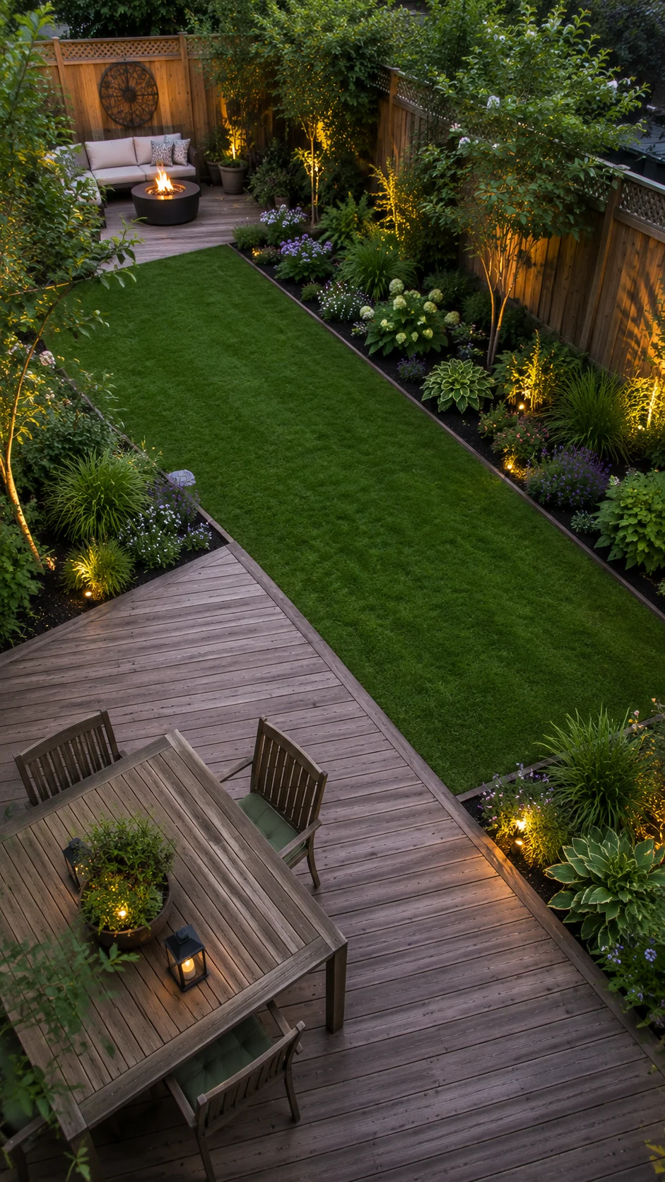 Diagonal backyard layout tricking the eye to make a small space look larger.