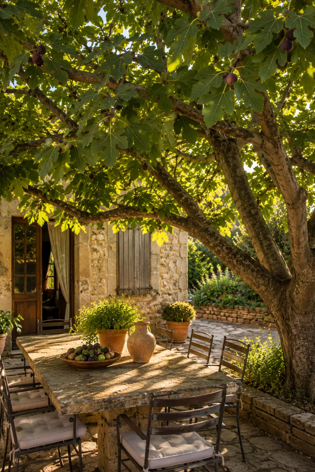 fig tree shade Mediterranean garden idea