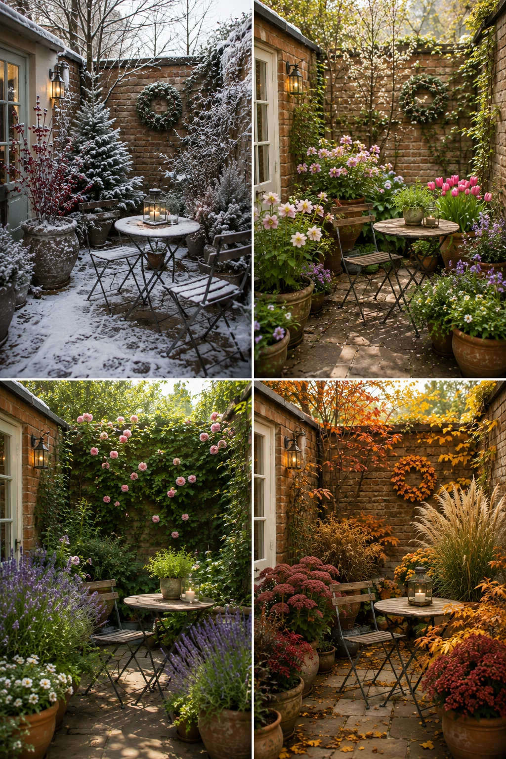 four season small patio winter spring summer autumn snowdrops tulips lavender asters year round
