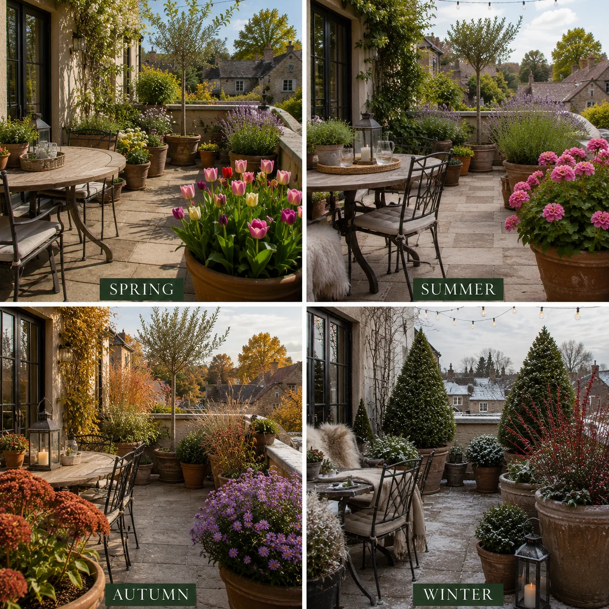 four season terrace garden spring tulips summer lavender autumn sedum winter evergreen year round container planting