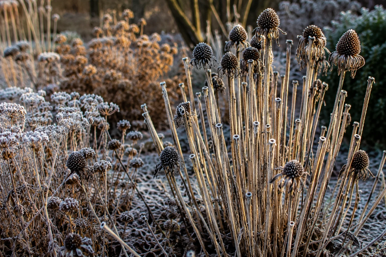 Winter pollinator garden with standing dead flower stems for solitary bee habitat.