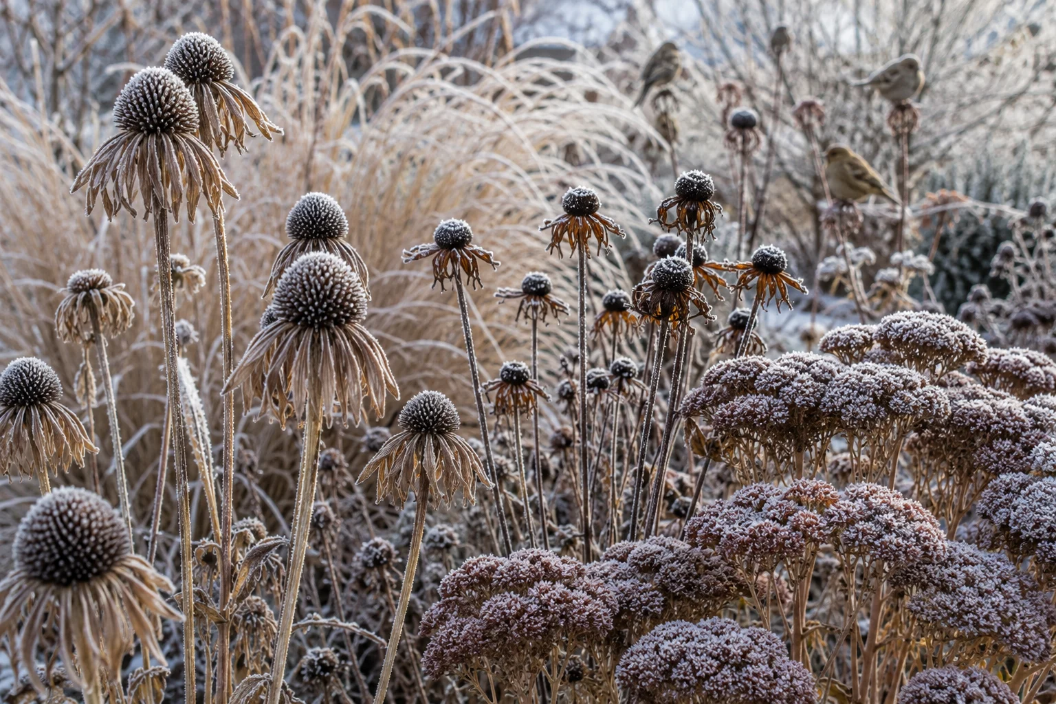 seedheads to leave standing winter pollinator garden coneflower rudbeckia sedum frost birds feeding habitat