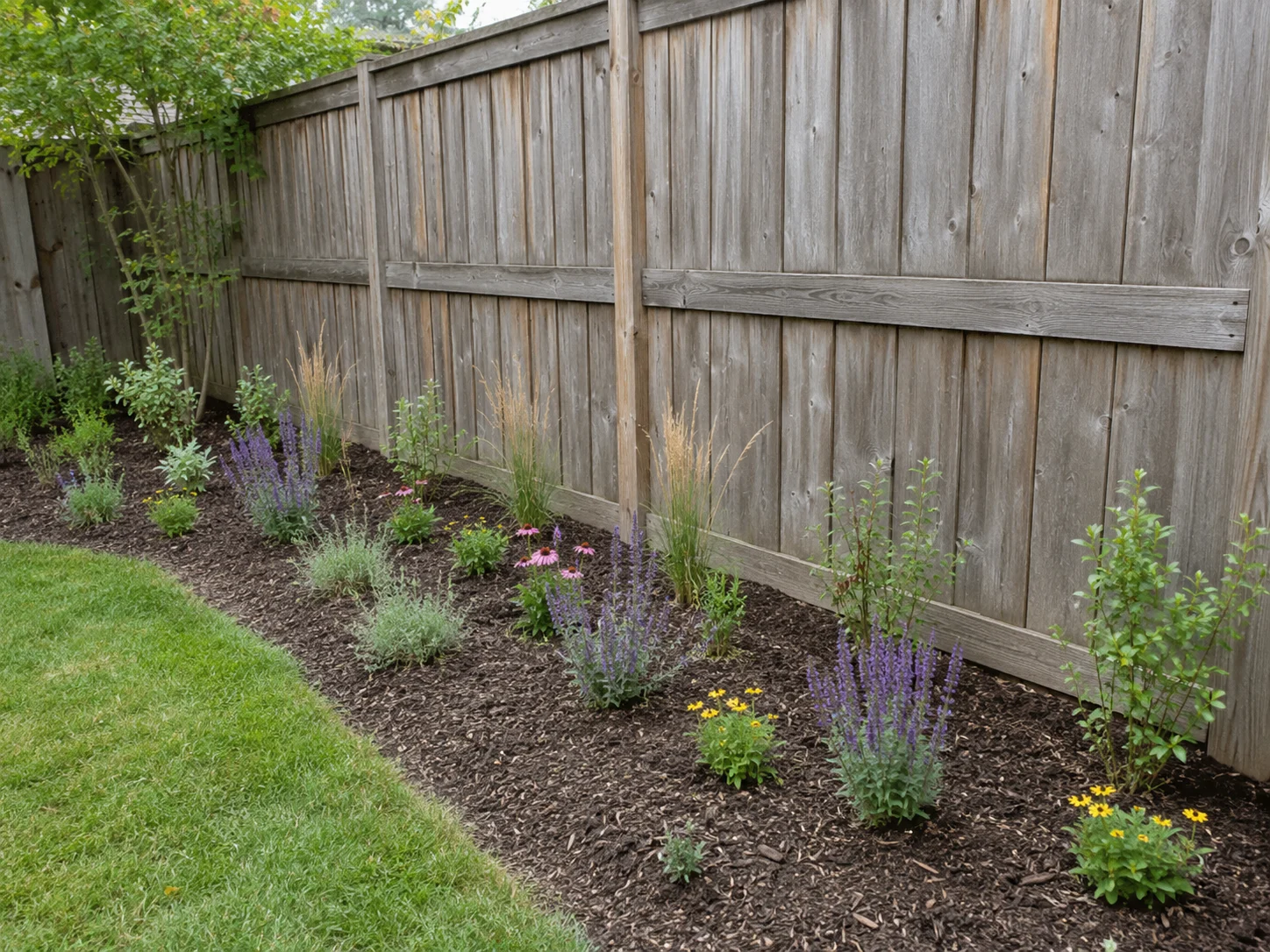 pollinator border fence planted with bee friendly flowers and shrubs