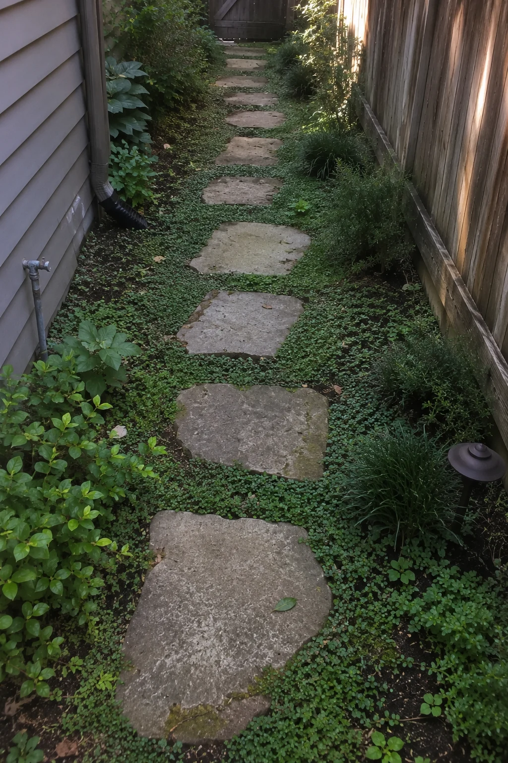 stepping stone path with groundcover small side yard idea