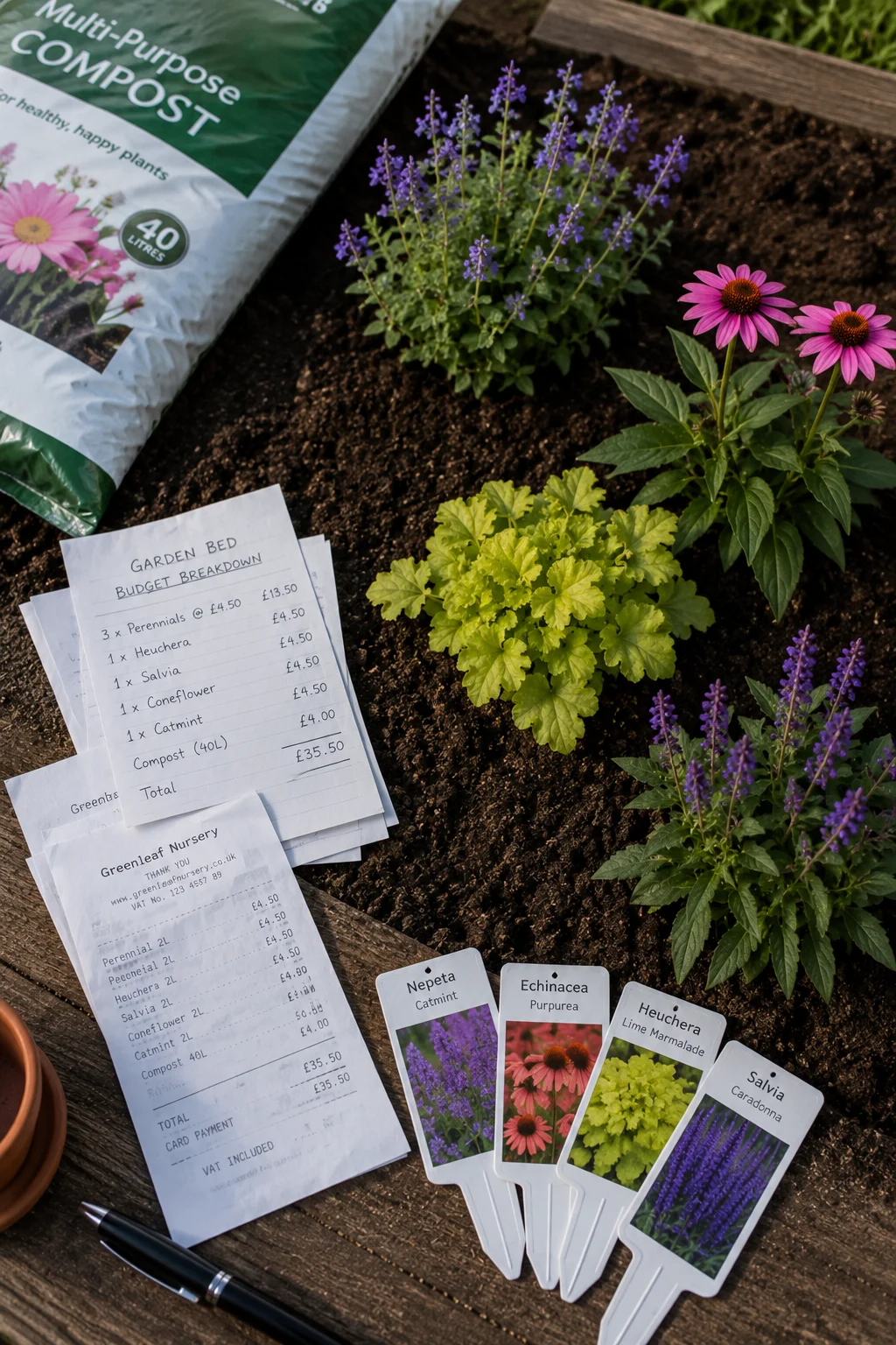 budget garden planning cost breakdown with receipts and plants