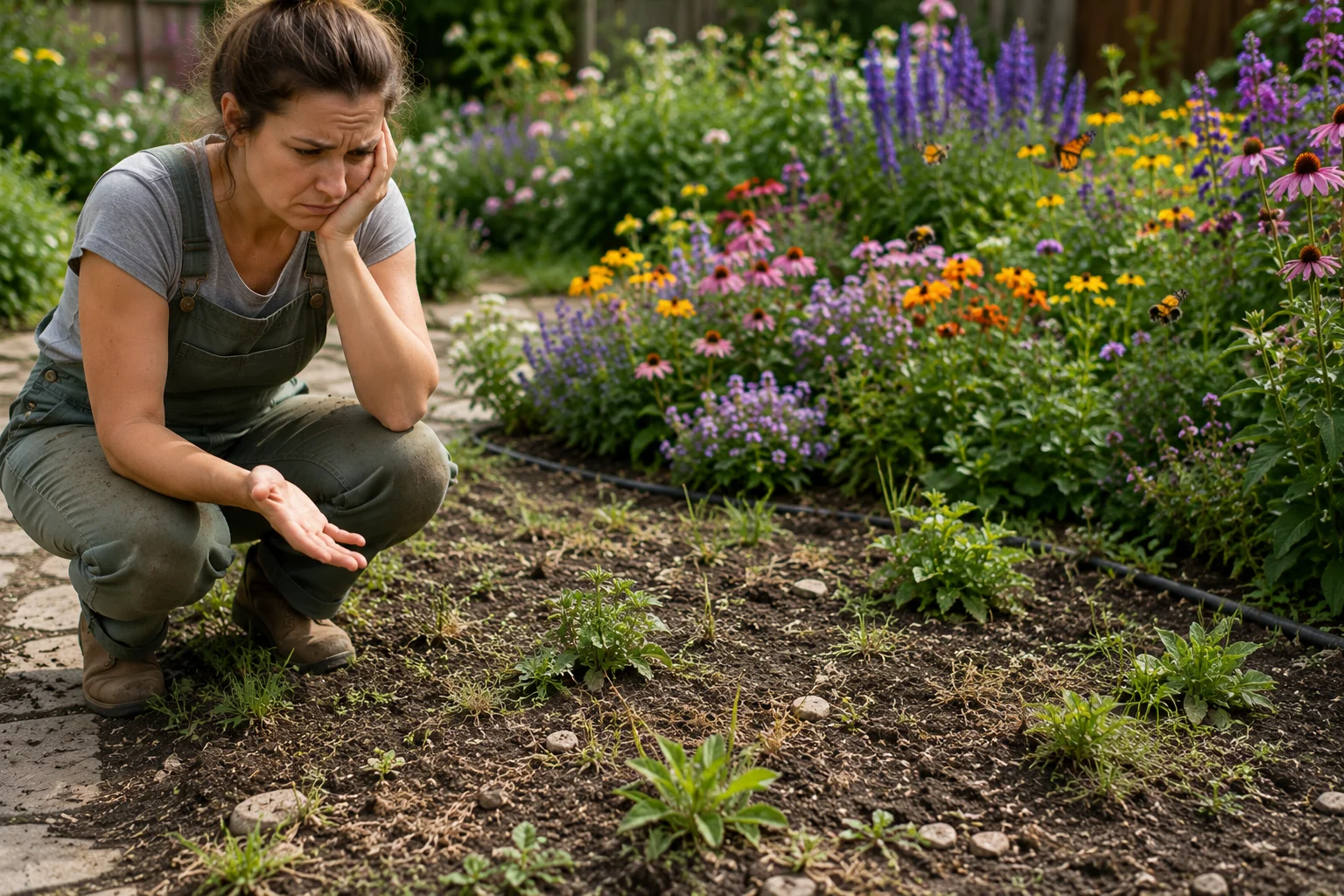 Beginner gardener learning how to avoid common pollinator garden mistakes.