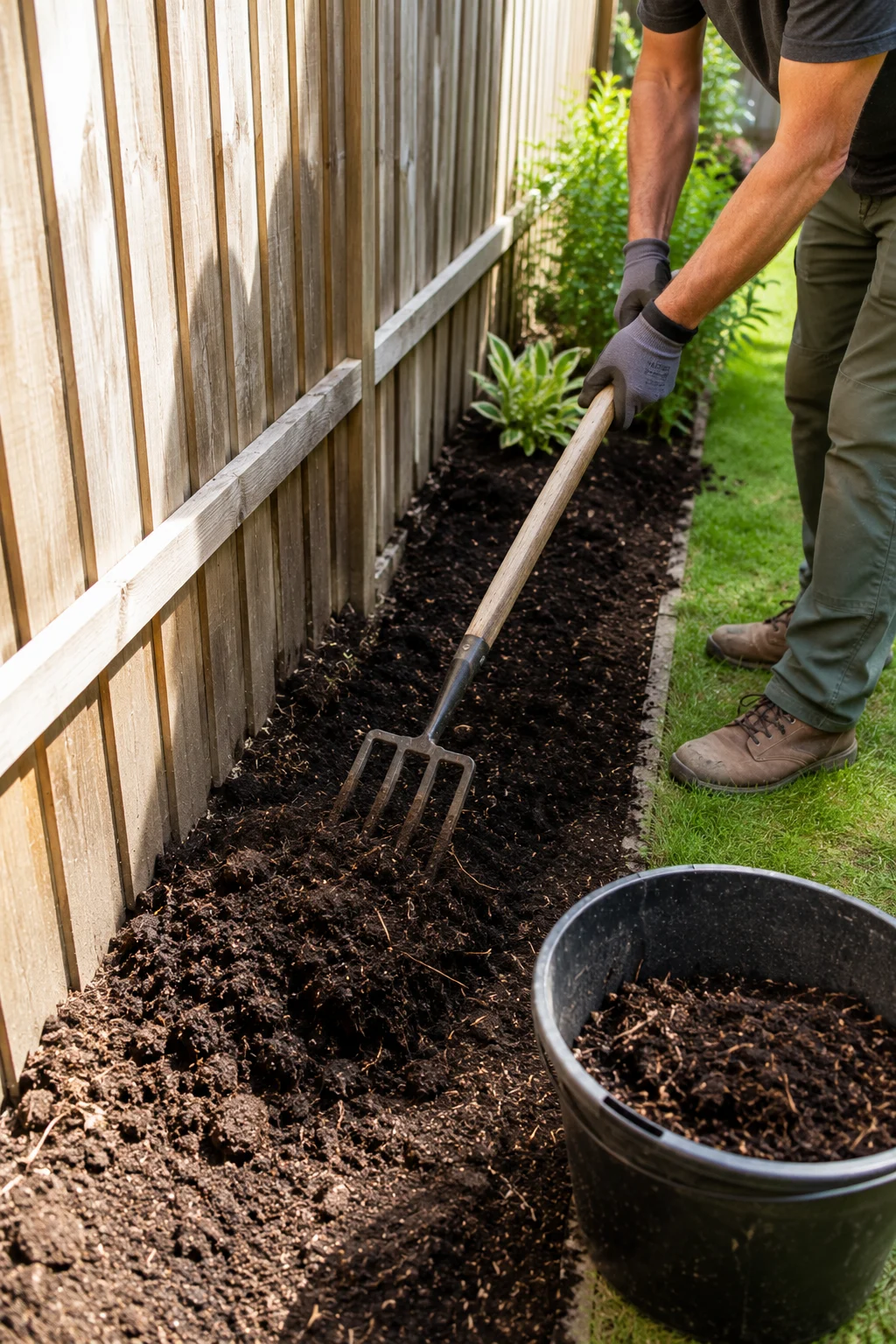preparing soil for a pollinator strip along a fence