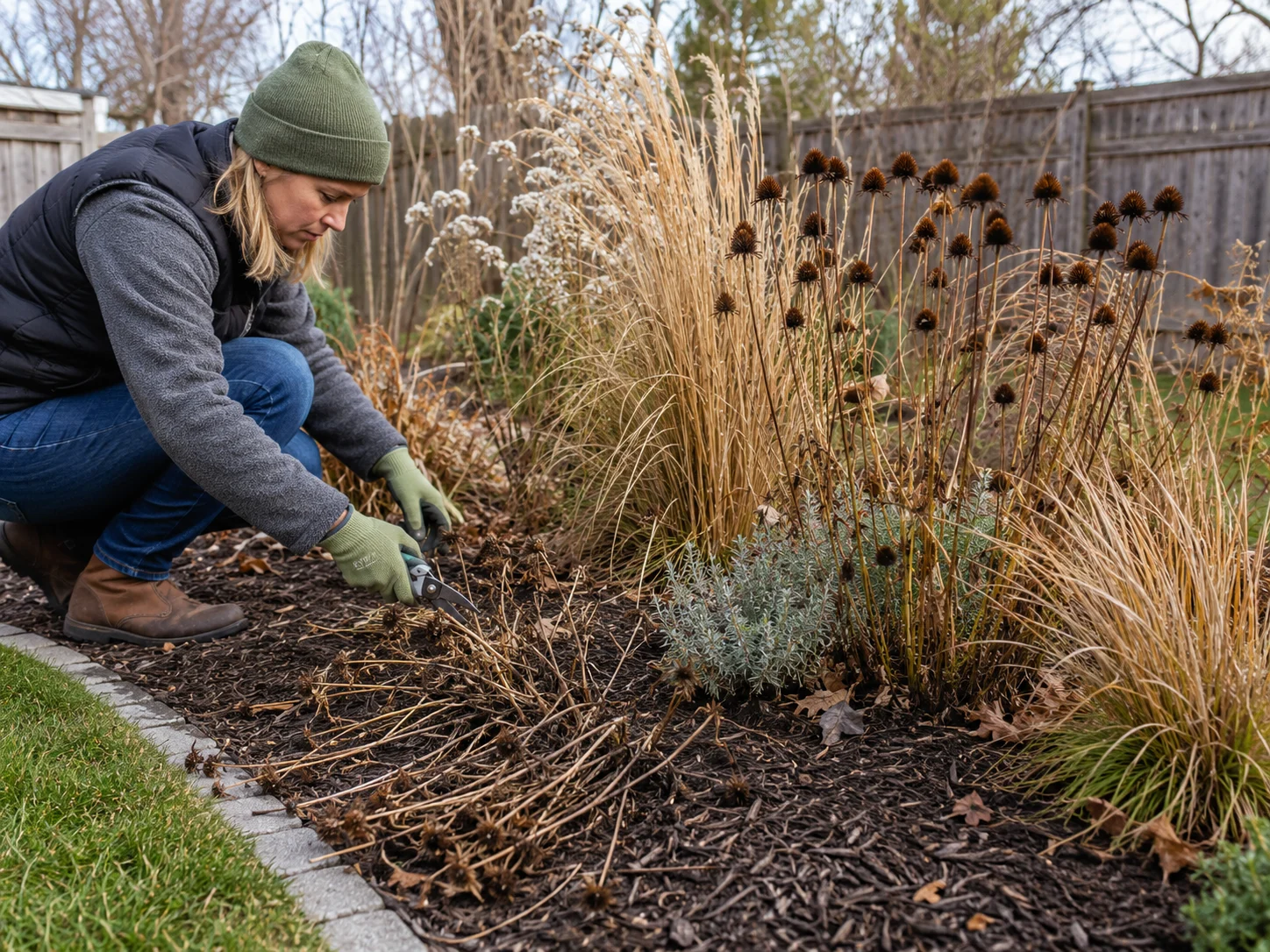 pollinator garden winter prep cutting diseased plants leaving healthy seedheads correct selective approach