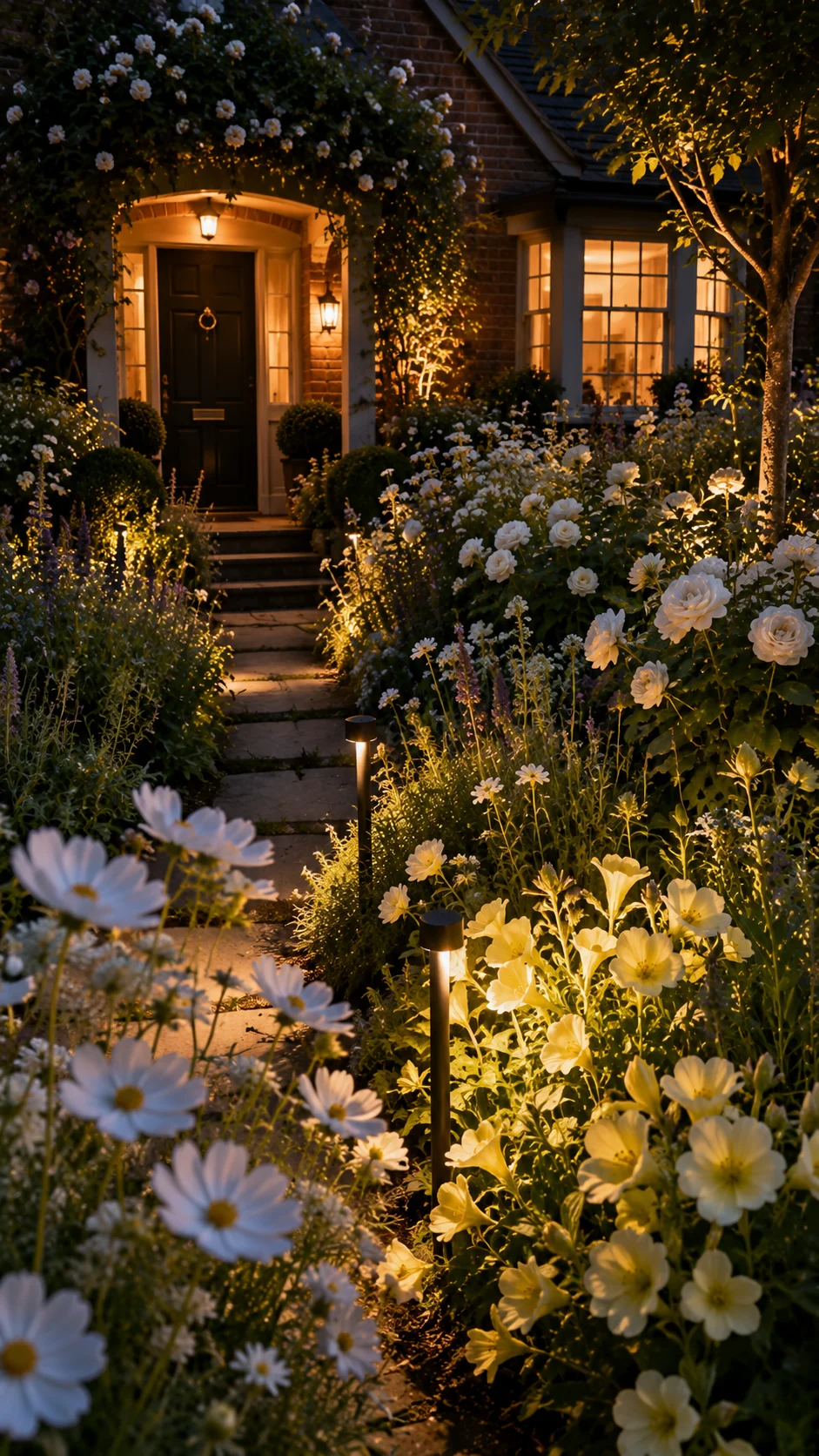 night garden front yard white flowers uplighting dusk evening landscaping curb appeal magical