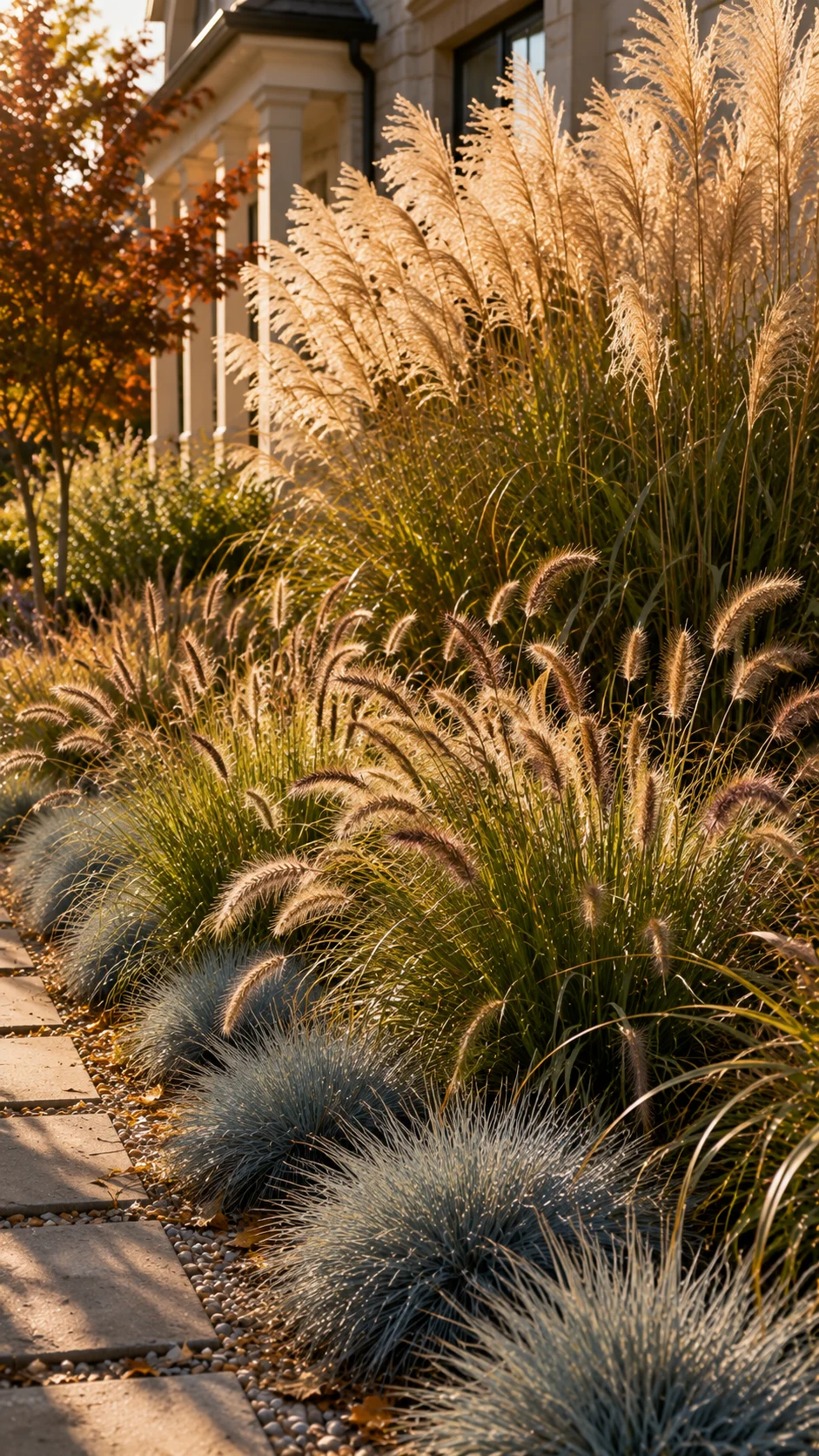 ornamental grass border front yard landscaping mixed heights textures low maintenance curb appeal autumn