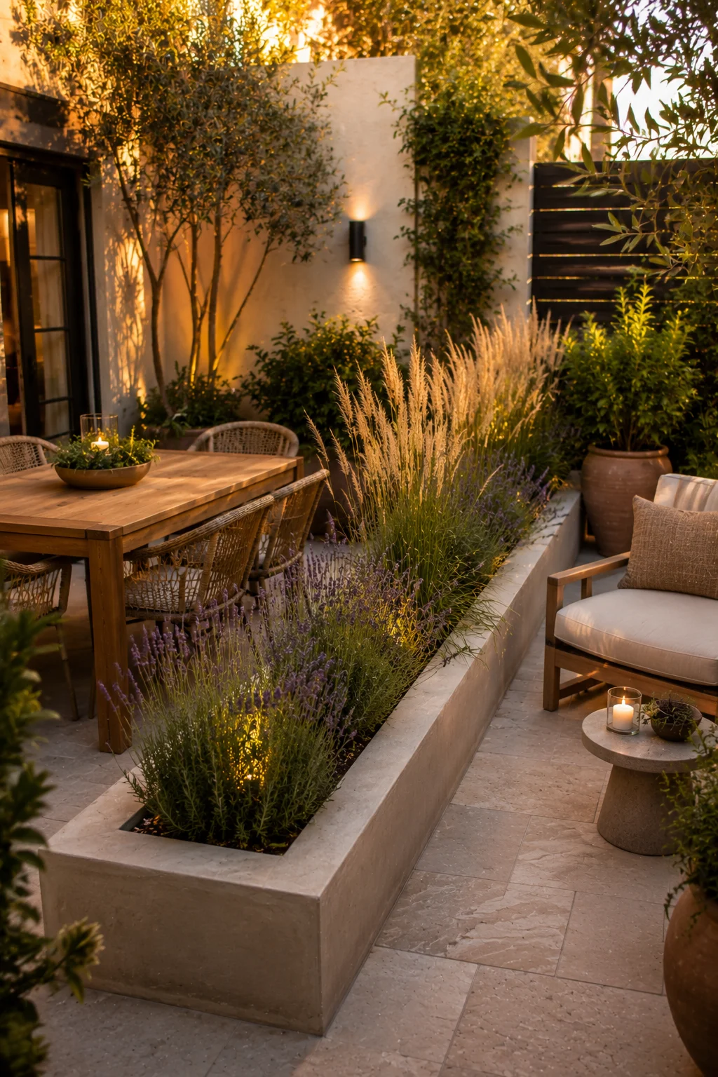 trough planter divider small patio zones dining lounging grass lavender separation layout