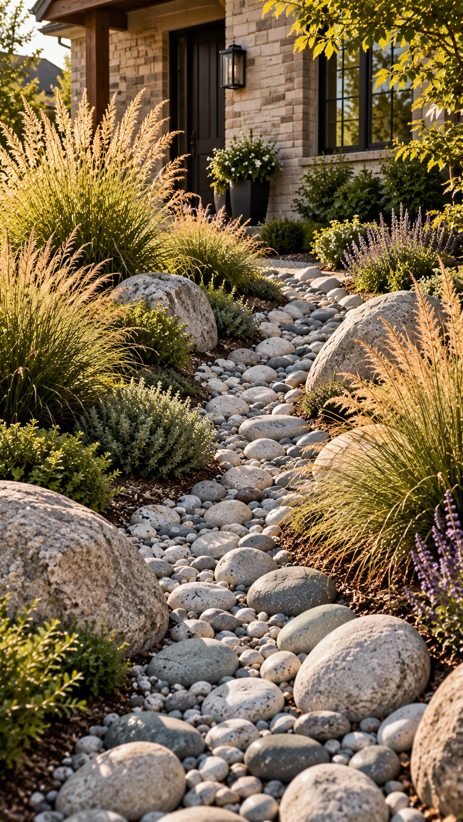 dry stream bed river rocks front garden landscaping low maintenance water management ornamental grasses curb appeal