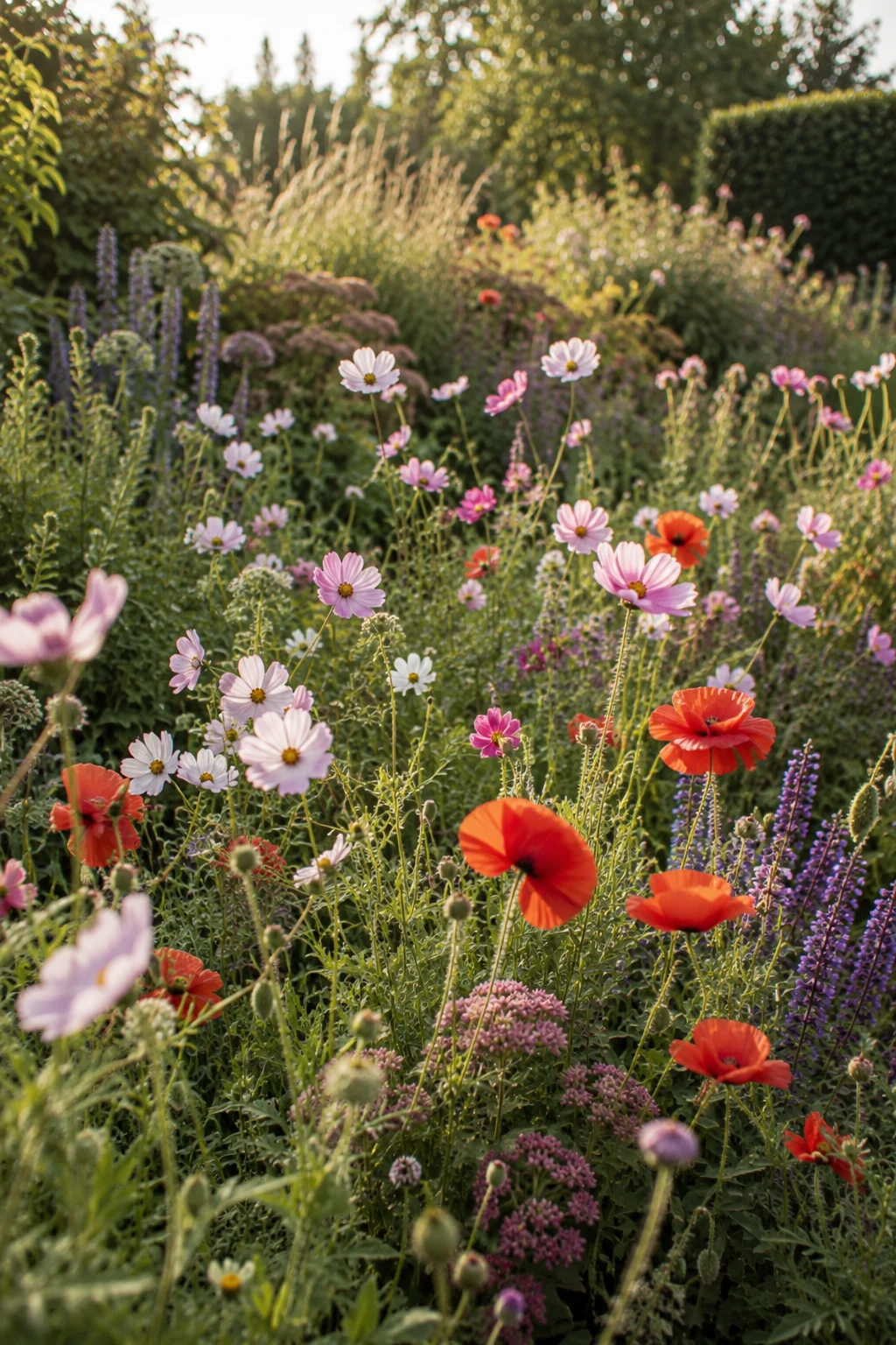 self-seeding cosmos and poppies cottage garden idea