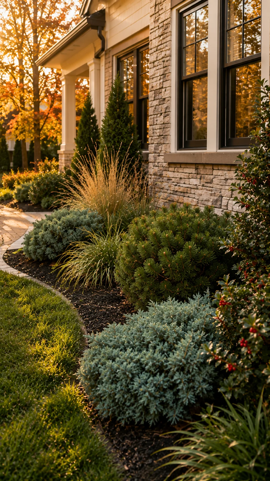 evergreen foundation planting front yard curb appeal American home landscaping dwarf shrubs juniper ornamental grass