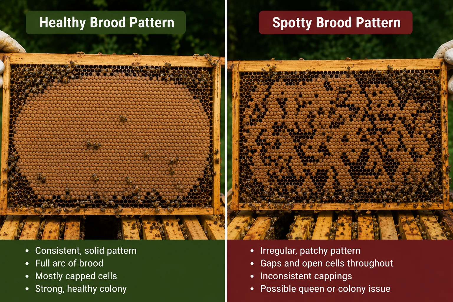 healthy brood pattern versus spotty brood pattern failing queen comparison beekeeping inspection