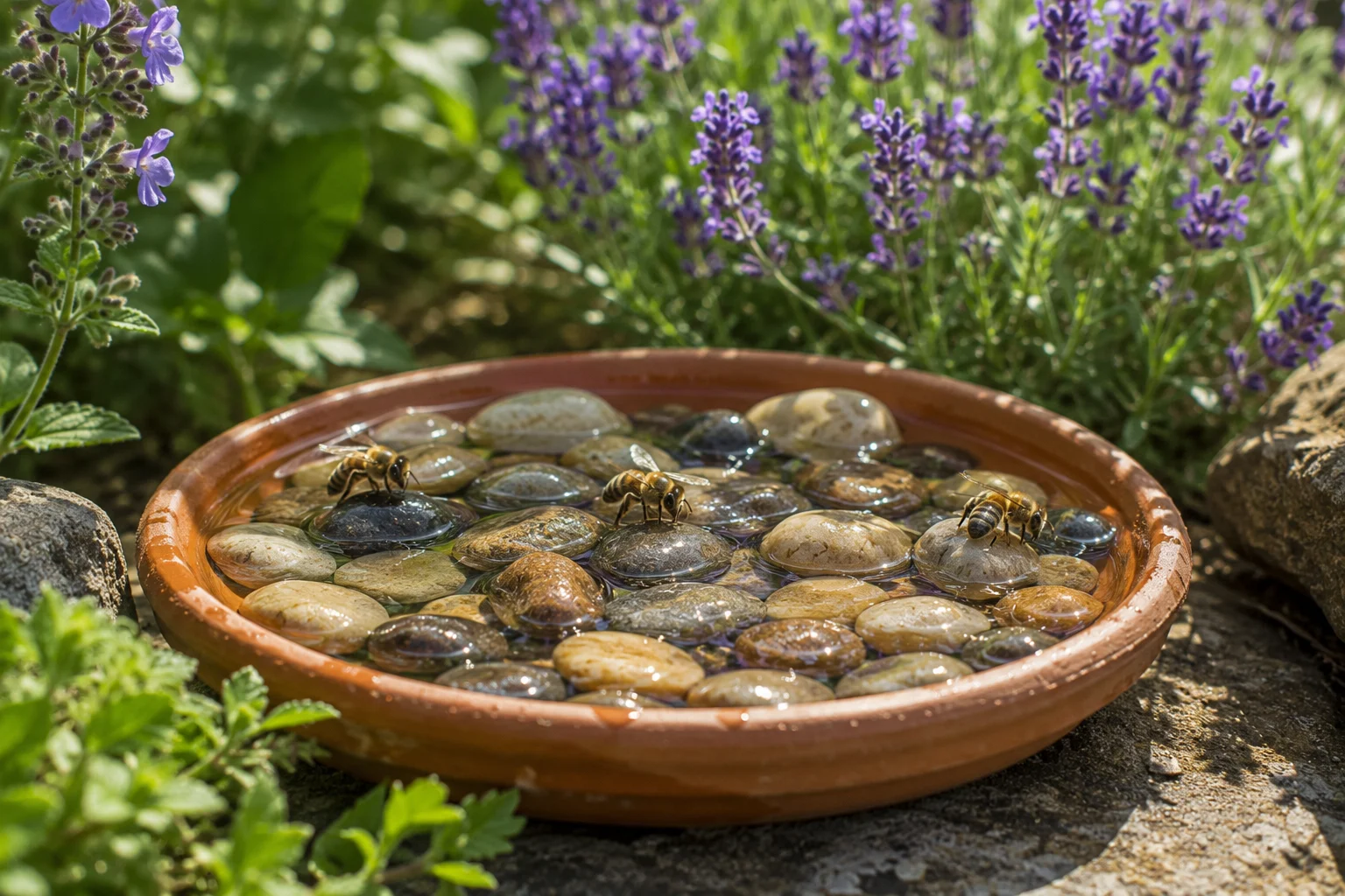 bee water station garden design shallow terracotta saucer river pebbles bees drinking pollinator habitat