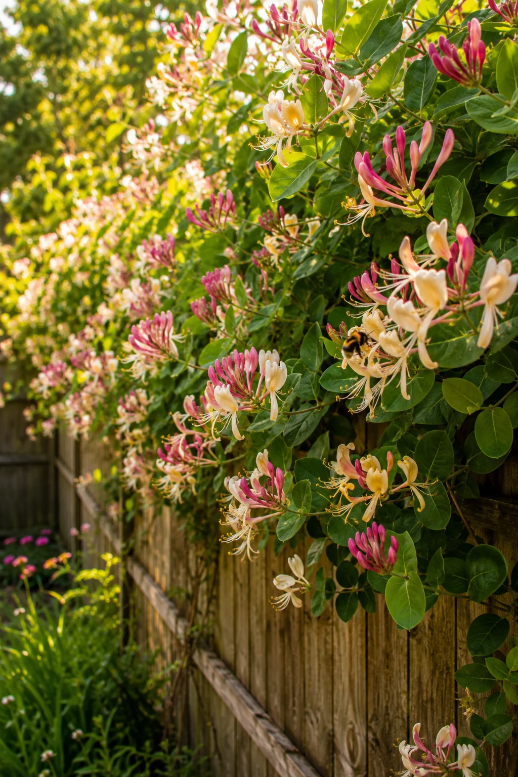 flowering honeysuckle vine climbing a garden fence for bees