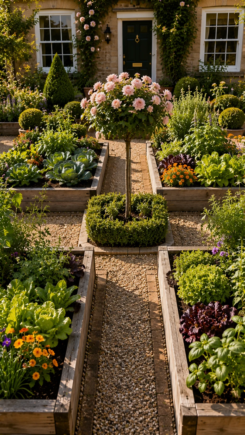 potager formal vegetable garden front yard raised beds geometric layout edible landscaping curb appeal French garden