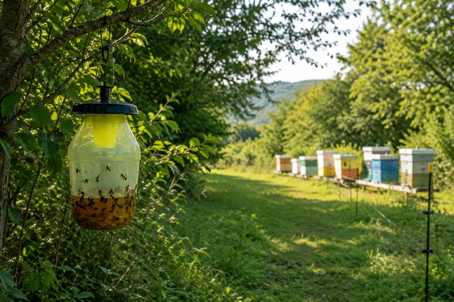 wasp trap placement away from beehive to reduce late summer wasp pressure