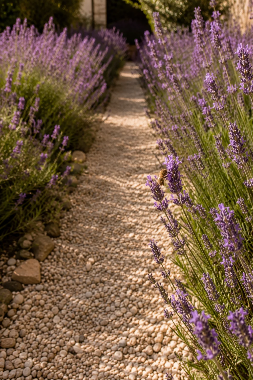 gravel path lined with lavender Mediterranean garden idea
